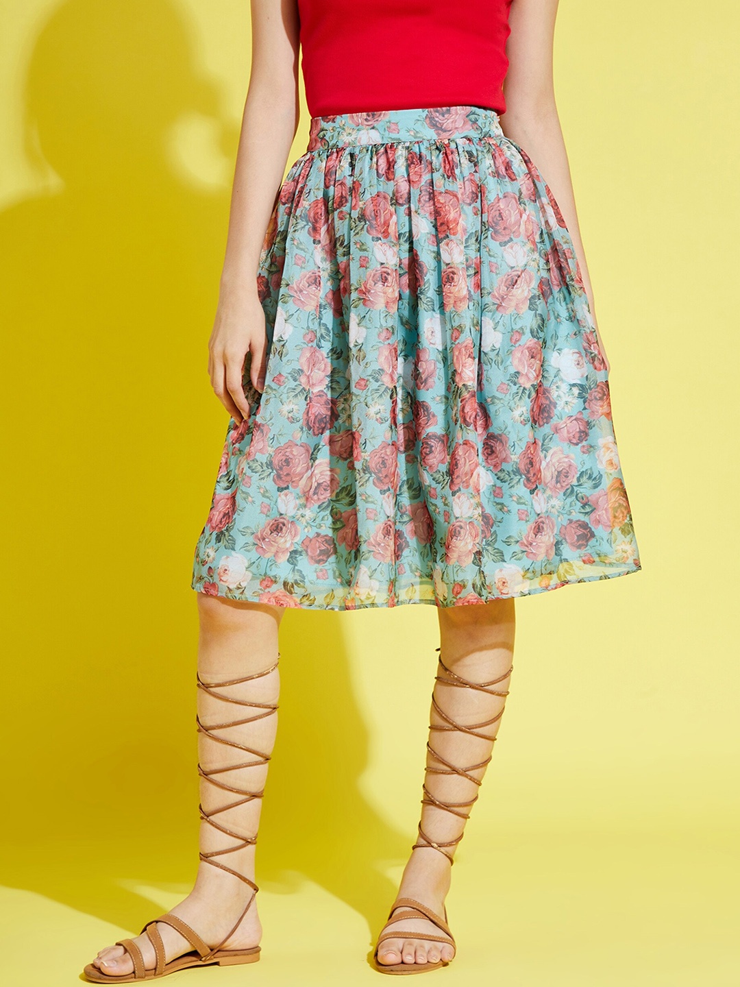 

Noh.Voh - SASSAFRAS Kids Girls Sea Green & Red Floral printed A-Line Skirts