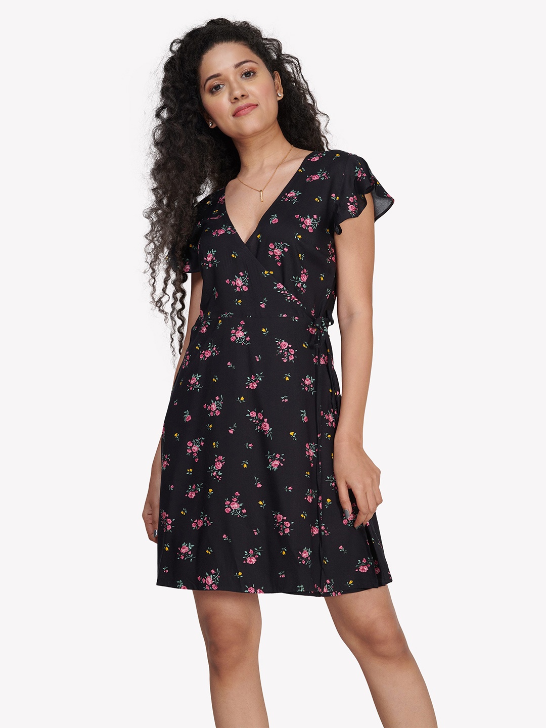 

VASTRADO Women Black Floral Wrap Dress