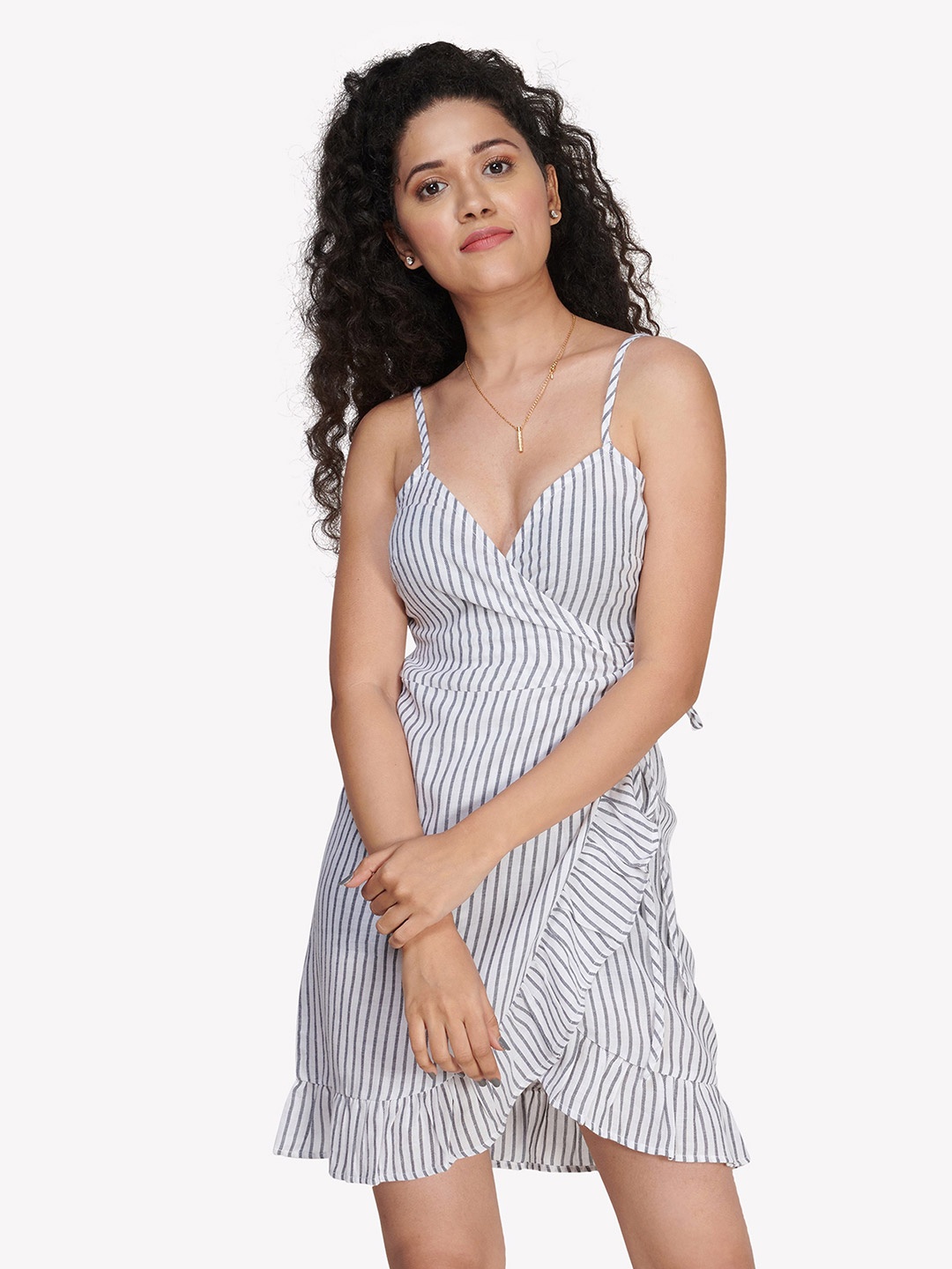 

VASTRADO White & Grey Striped Wrap Dress