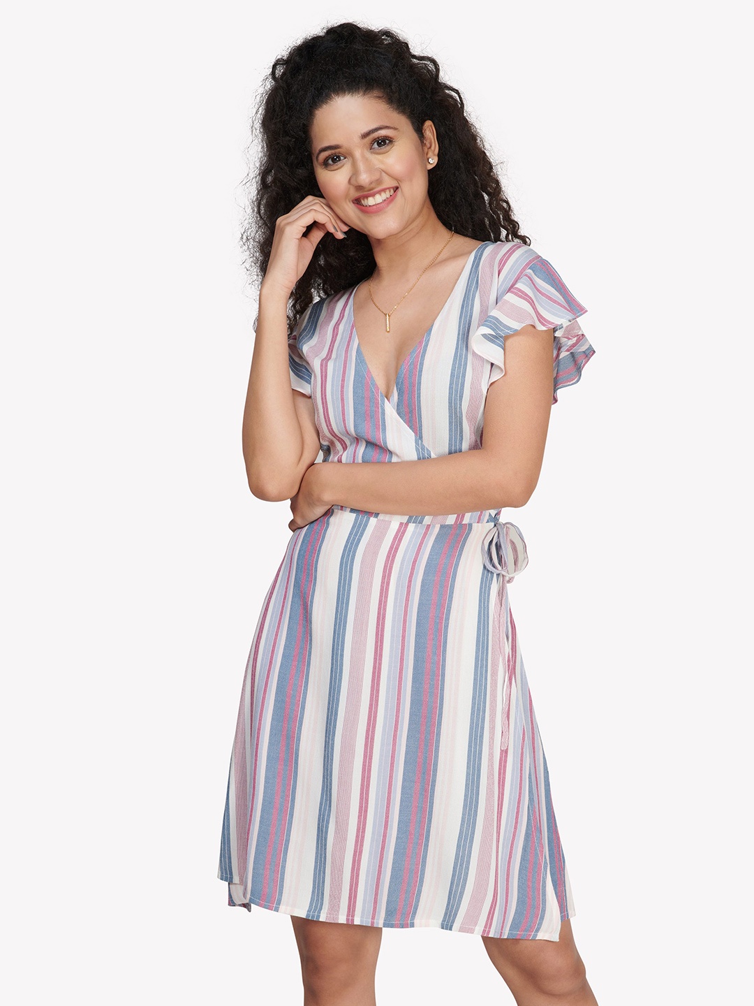 

VASTRADO Multicoloured Striped Wrap Dress, Multi