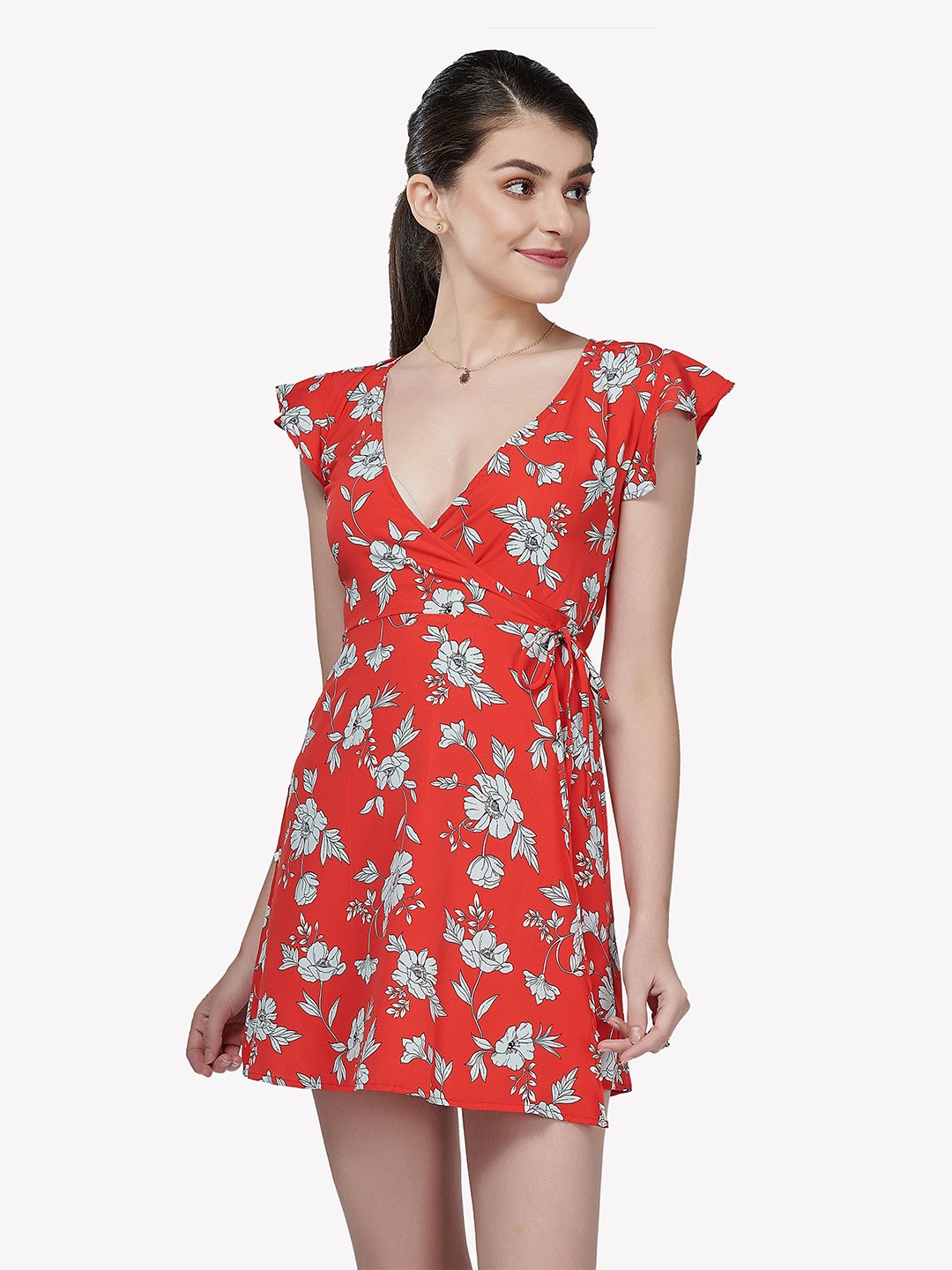 

VASTRADO Women Red Floral Mini Wrap Dress