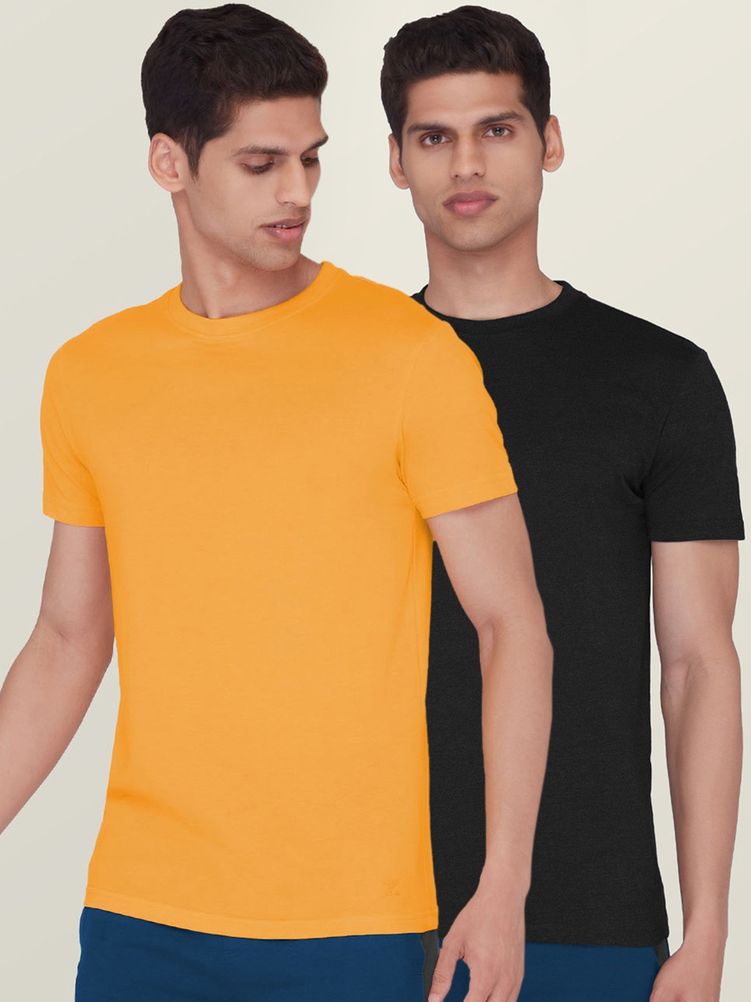 

XYXX Men Pack of 2 Orange & Grey Melange N9 Silver Finish Solid Tshirts