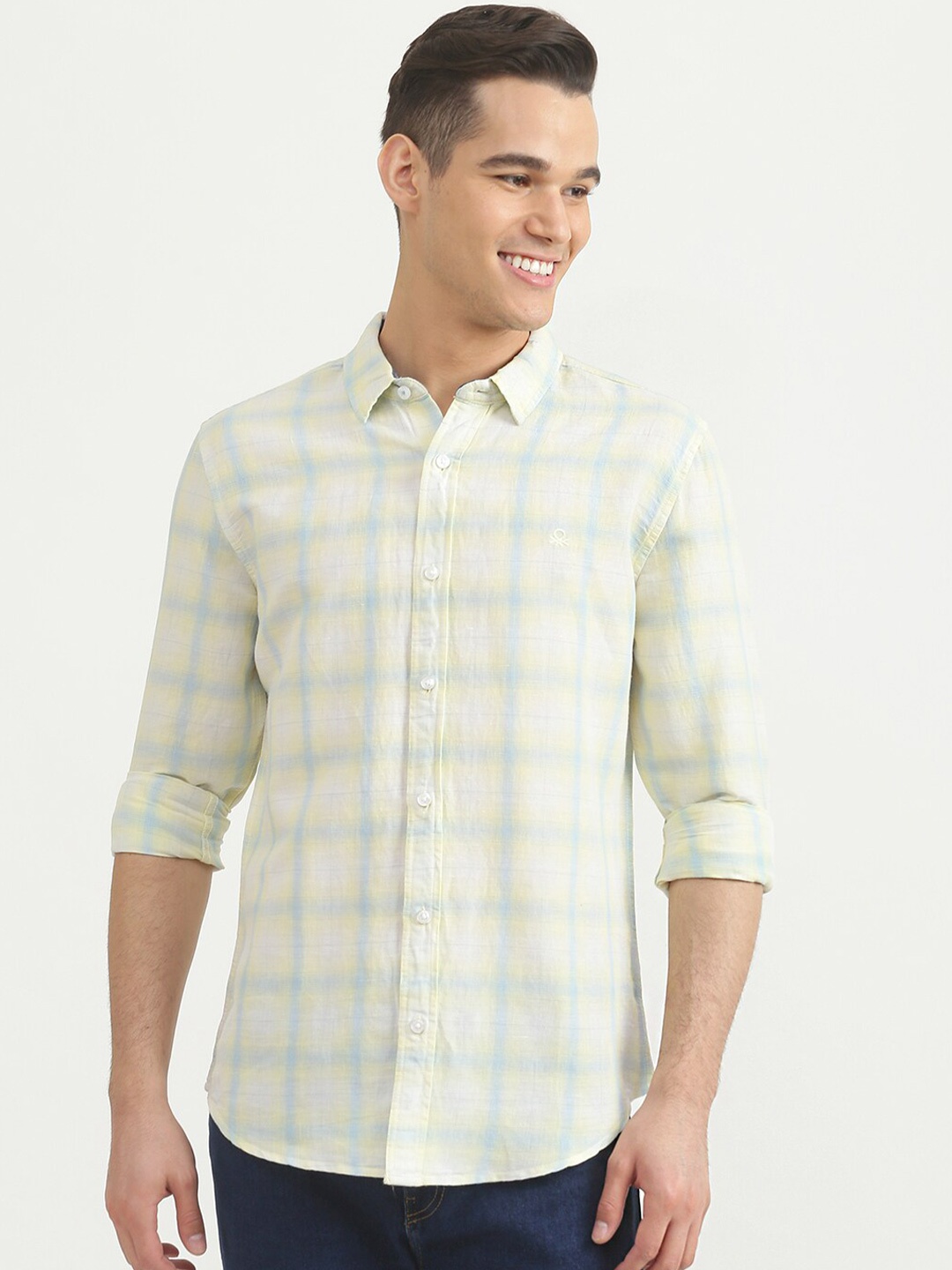 United Colors of Benetton Men Yellow Slim Fit Checked Casual Shirt