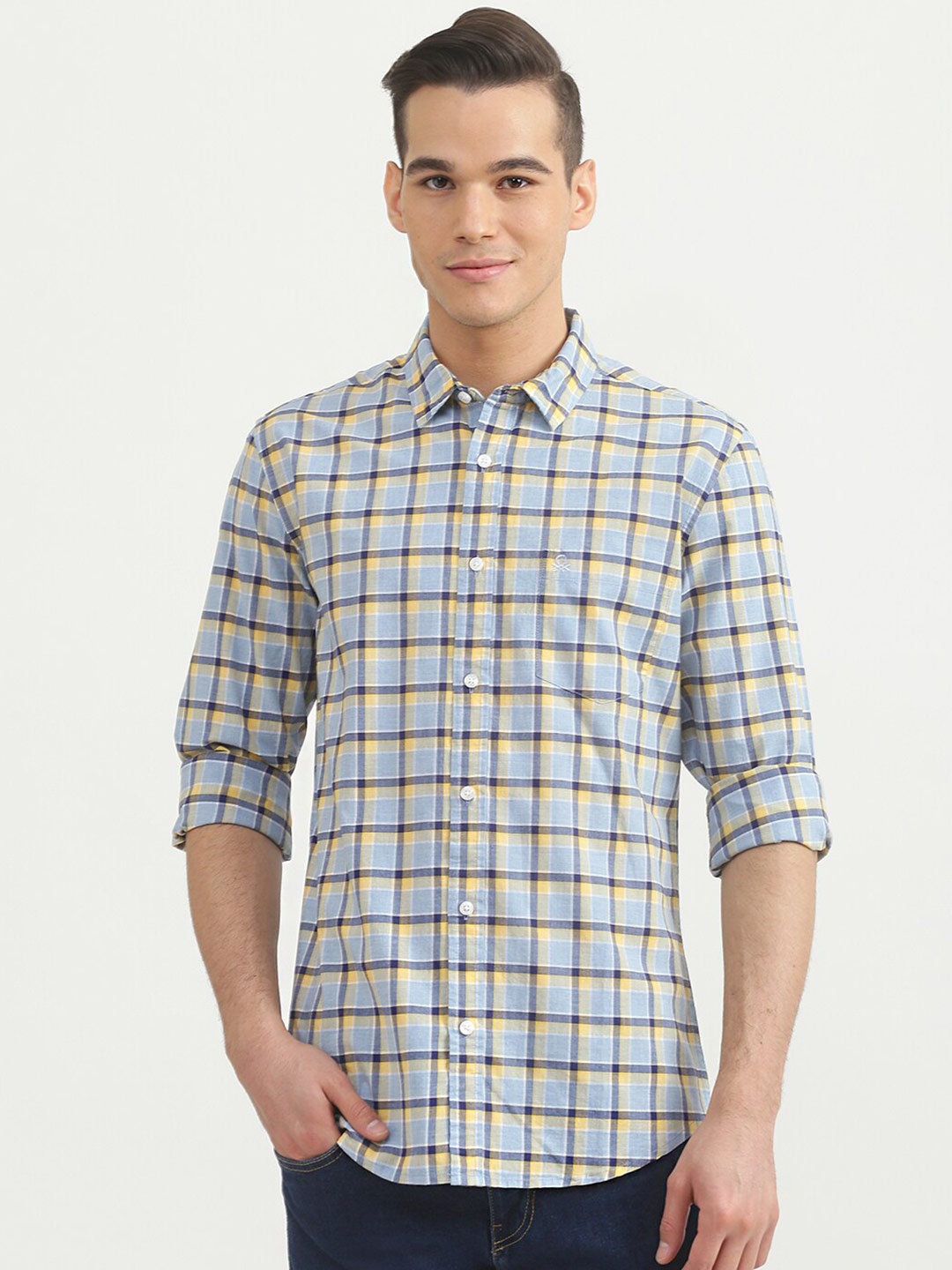 

United Colors of Benetton Men Blue Slim Fit Checked Casual Shirt