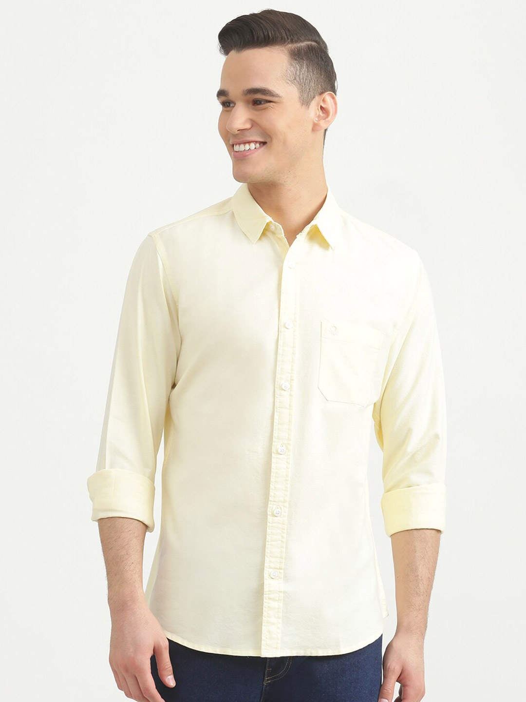 

United Colors of Benetton Men Cream-Coloured Slim Fit Casual Shirt