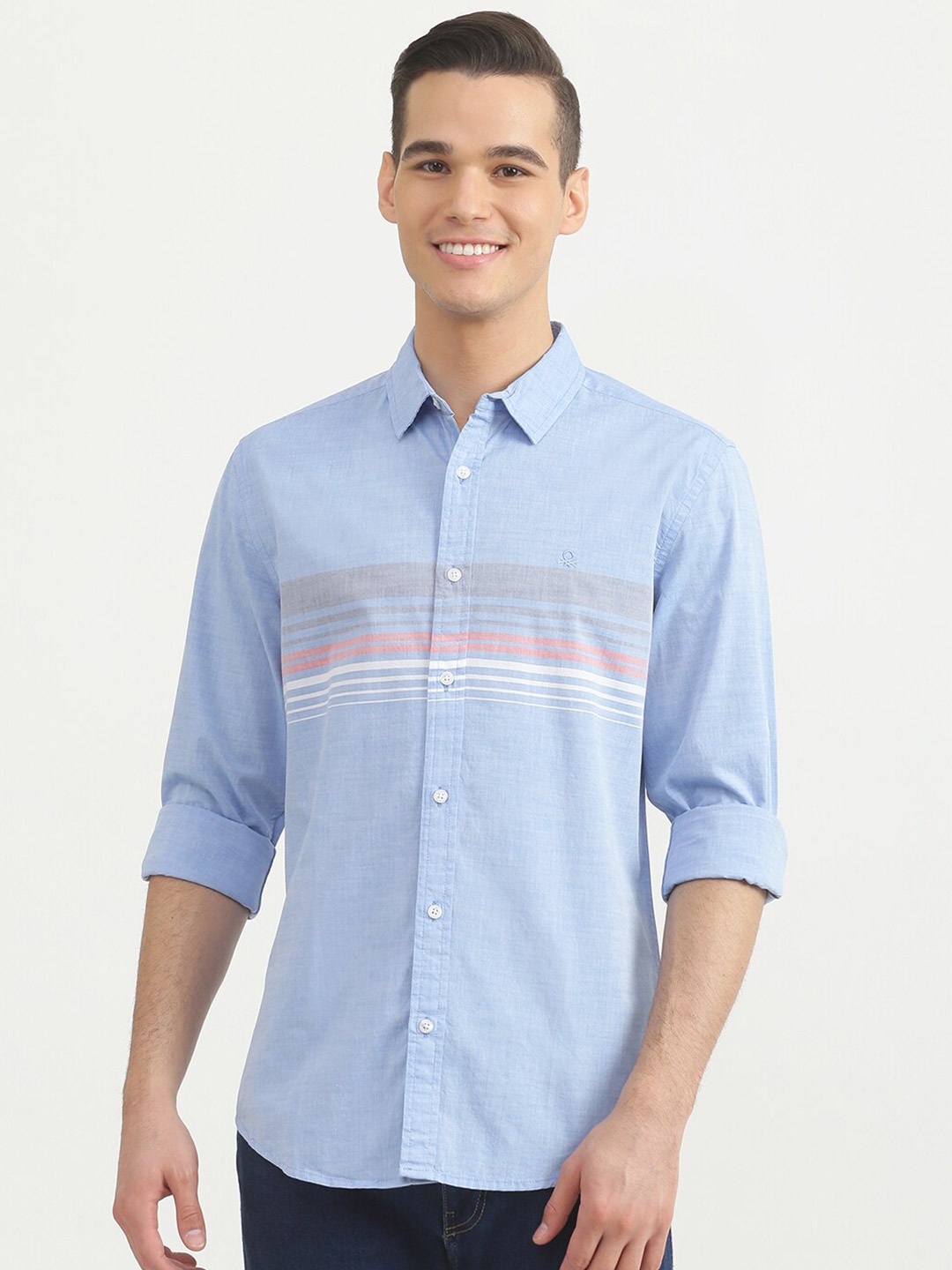 

United Colors of Benetton Men Blue Slim Fit Horizontal Stripes Striped Casual Shirt