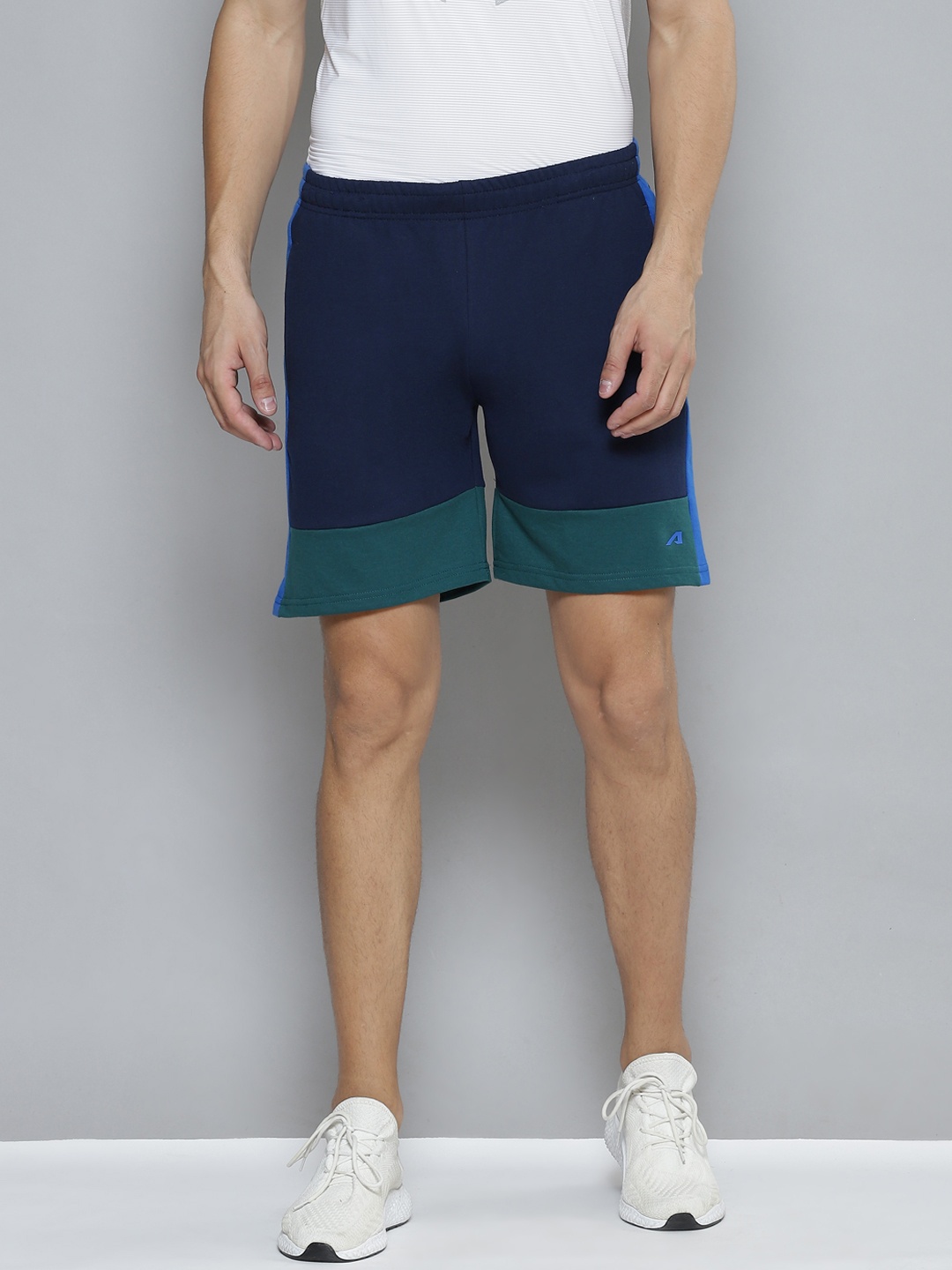 

Alcis Men Navy Blue & Green Colourblocked Slim Fit Training or Gym Sports Shorts