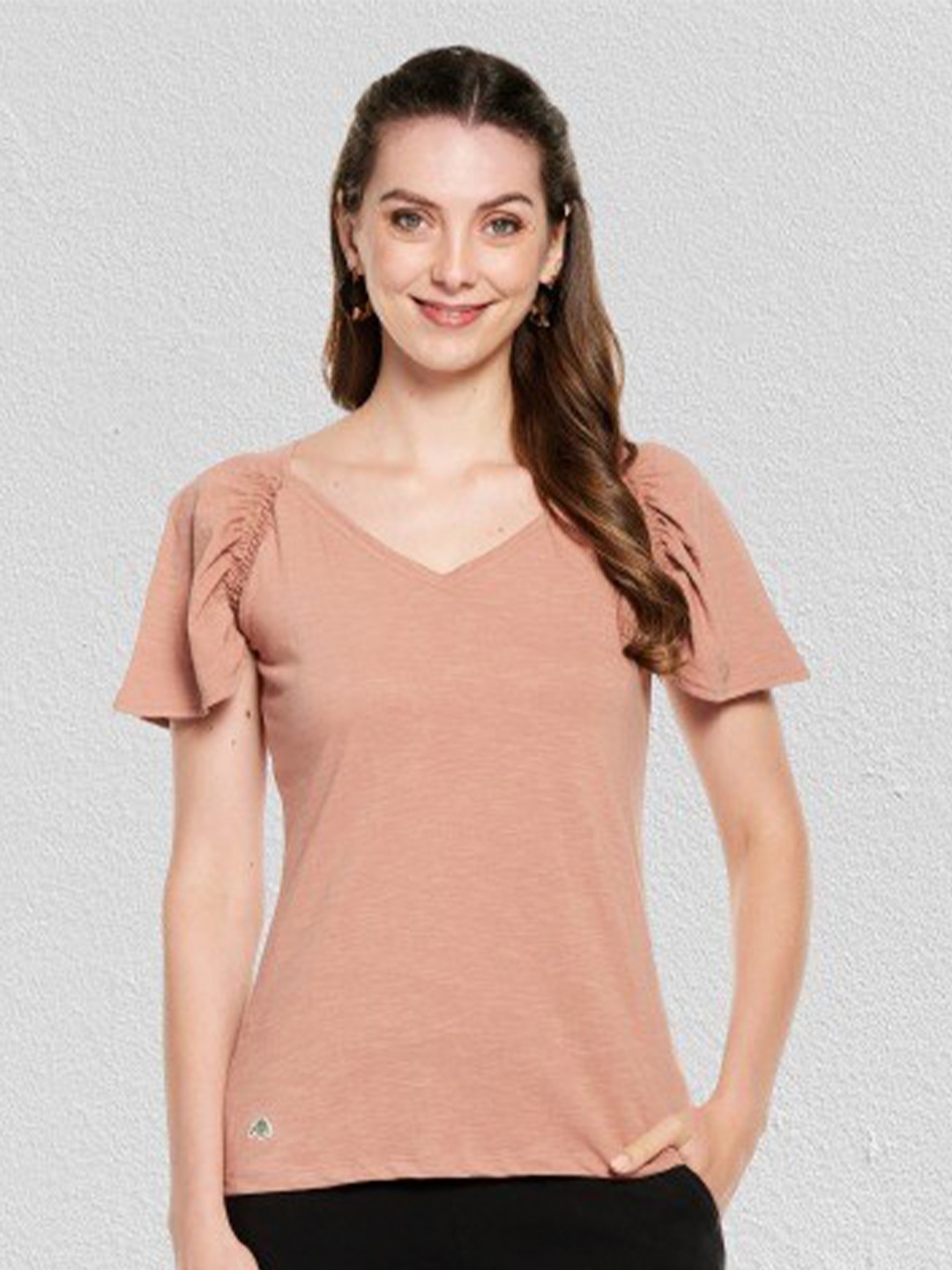 

UNMADE Brown V-Neck Smocked Cotton Top