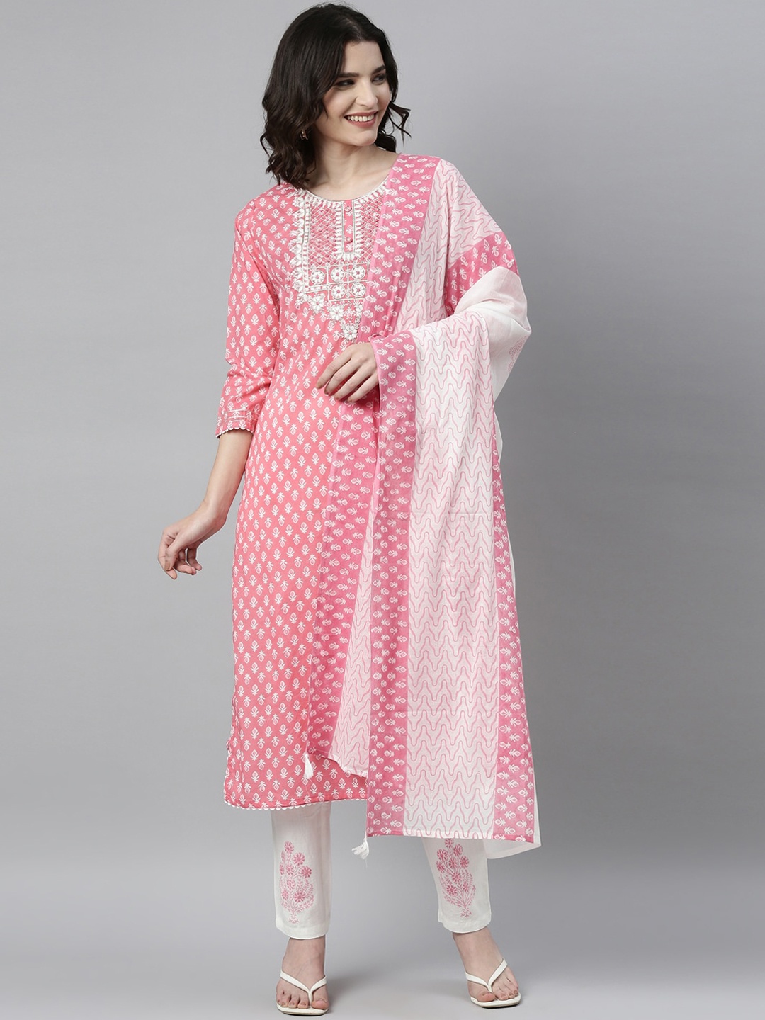 

Neerus Women Pink Ethnic Motifs Printed Kurta with Trousers & With Dupatta