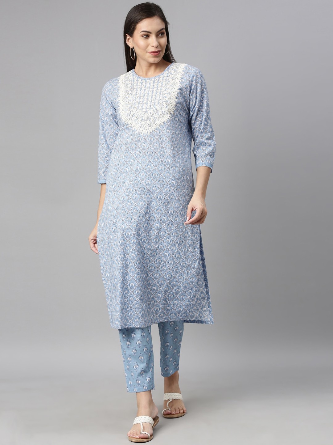 

Neerus Women Blue Printed Thread Work Kurta with Trousers