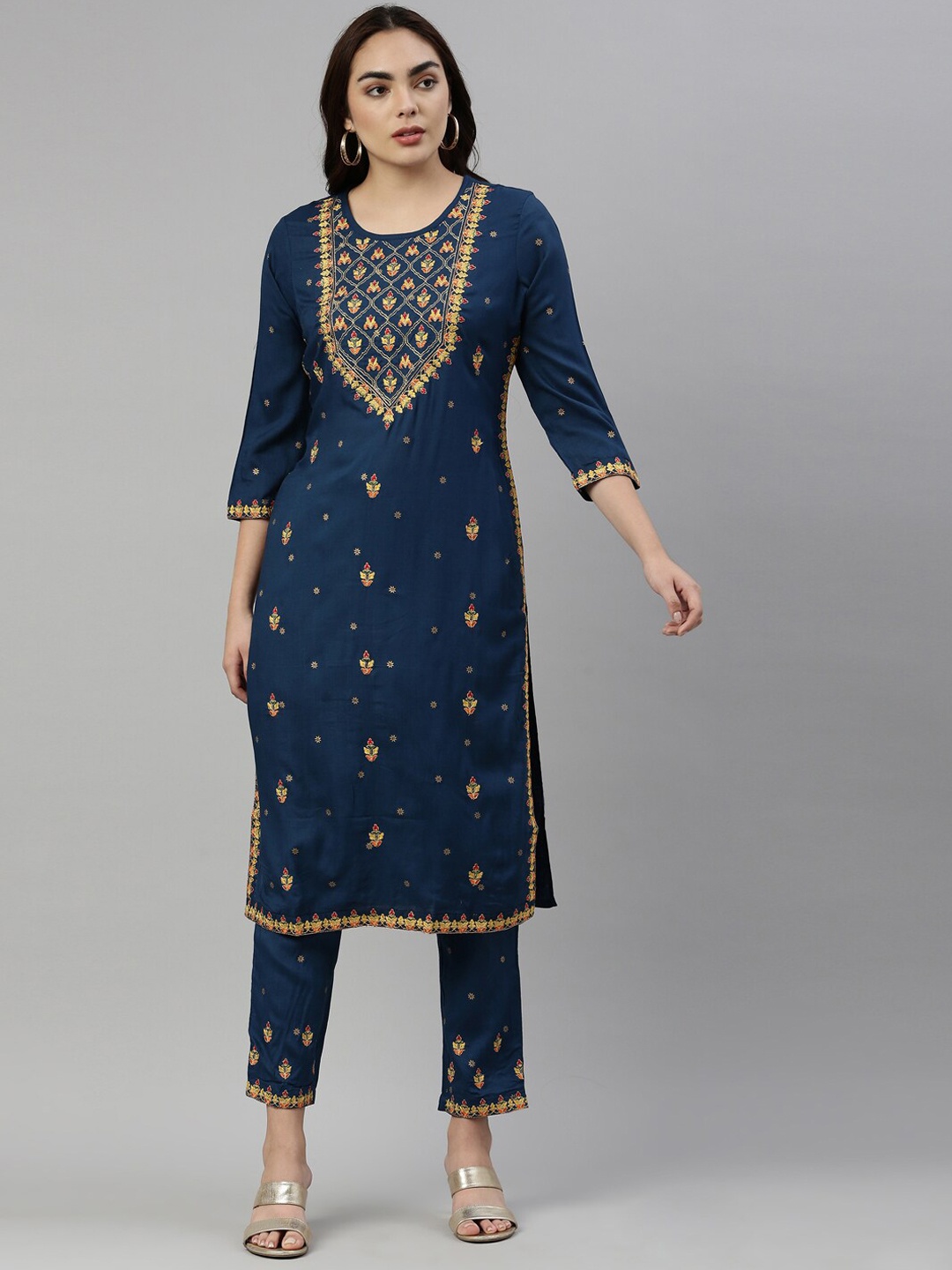 

Neerus Women Blue Ethnic Motifs Embroidered Aari Work Kurta with Trousers