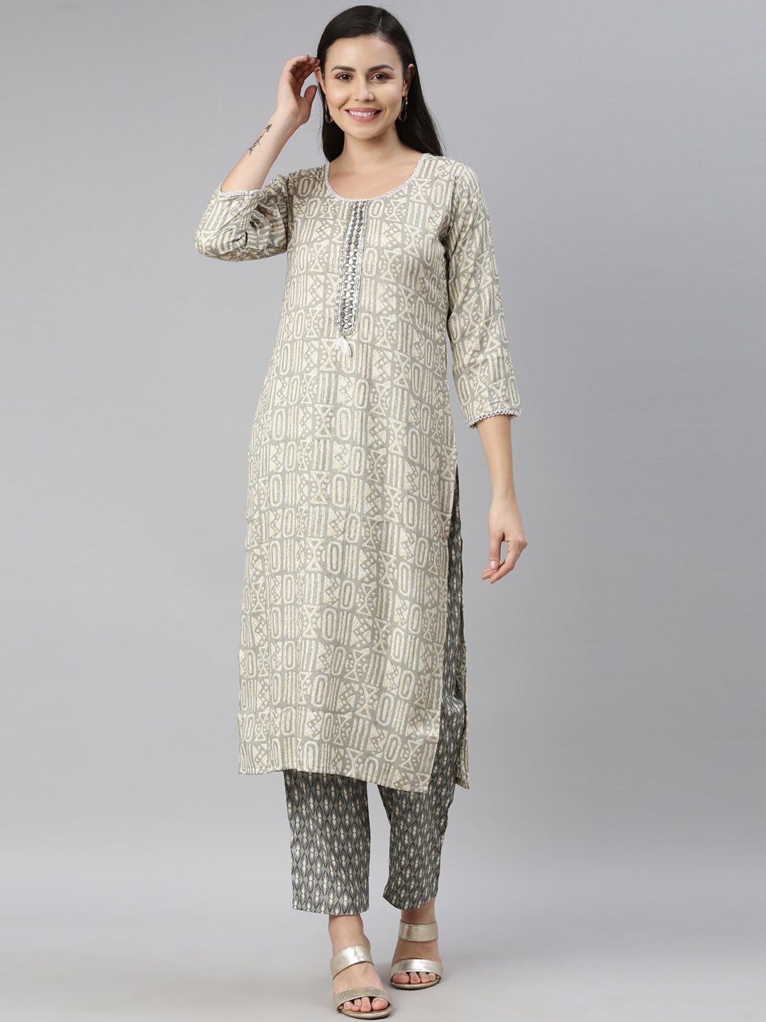 

Neerus Women Grey Printed Kurta with Trousers