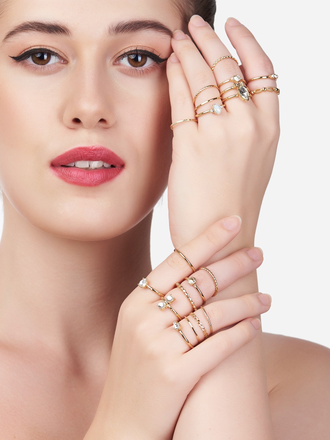 

Zaveri Pearls Set Of 20 Gold-Plated White Stone-Studded Finger Rings