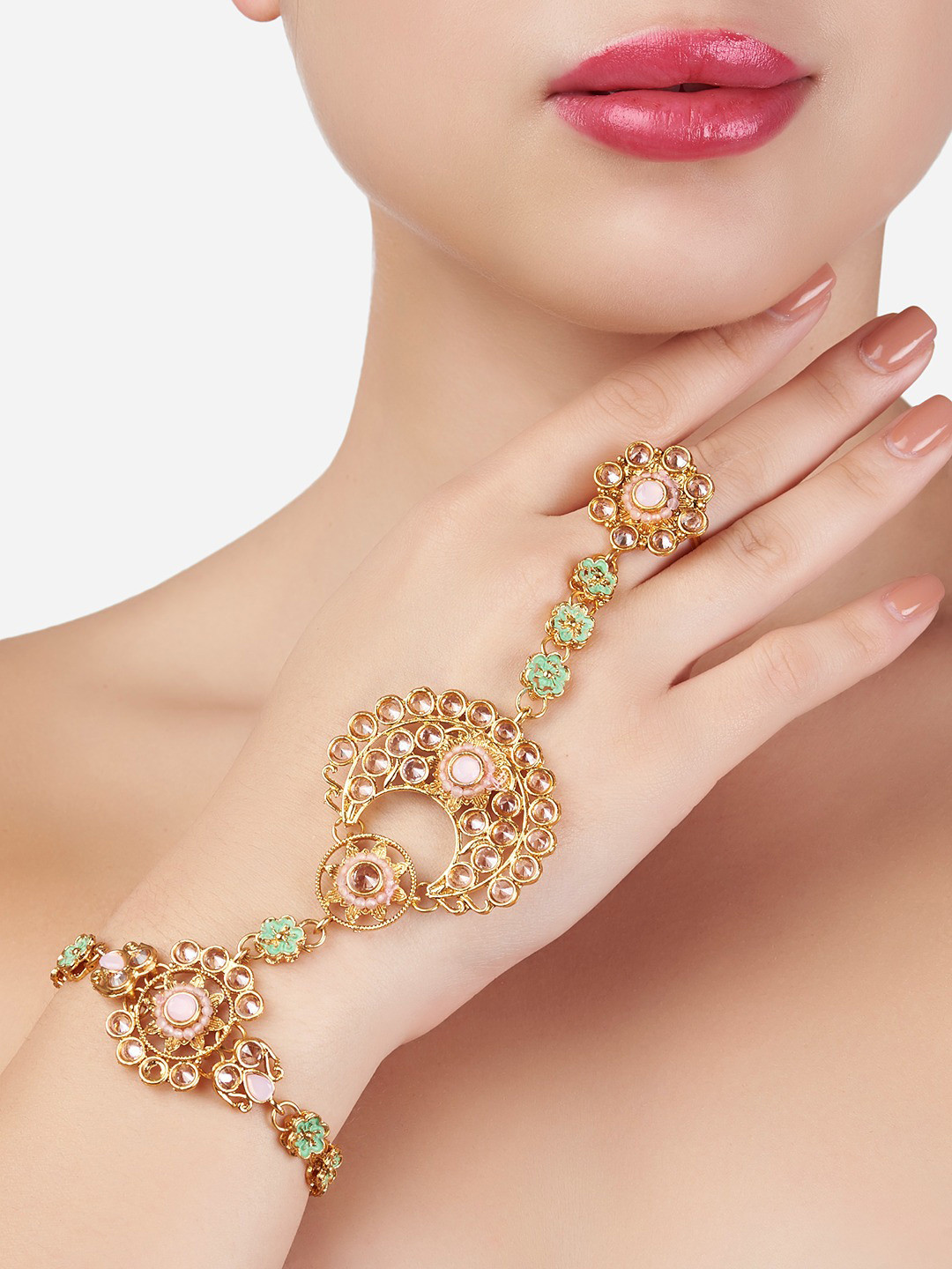 

Zaveri Pearls Women Pink & Gold-Toned Meenakari Gold-Plated Ring Bracelet