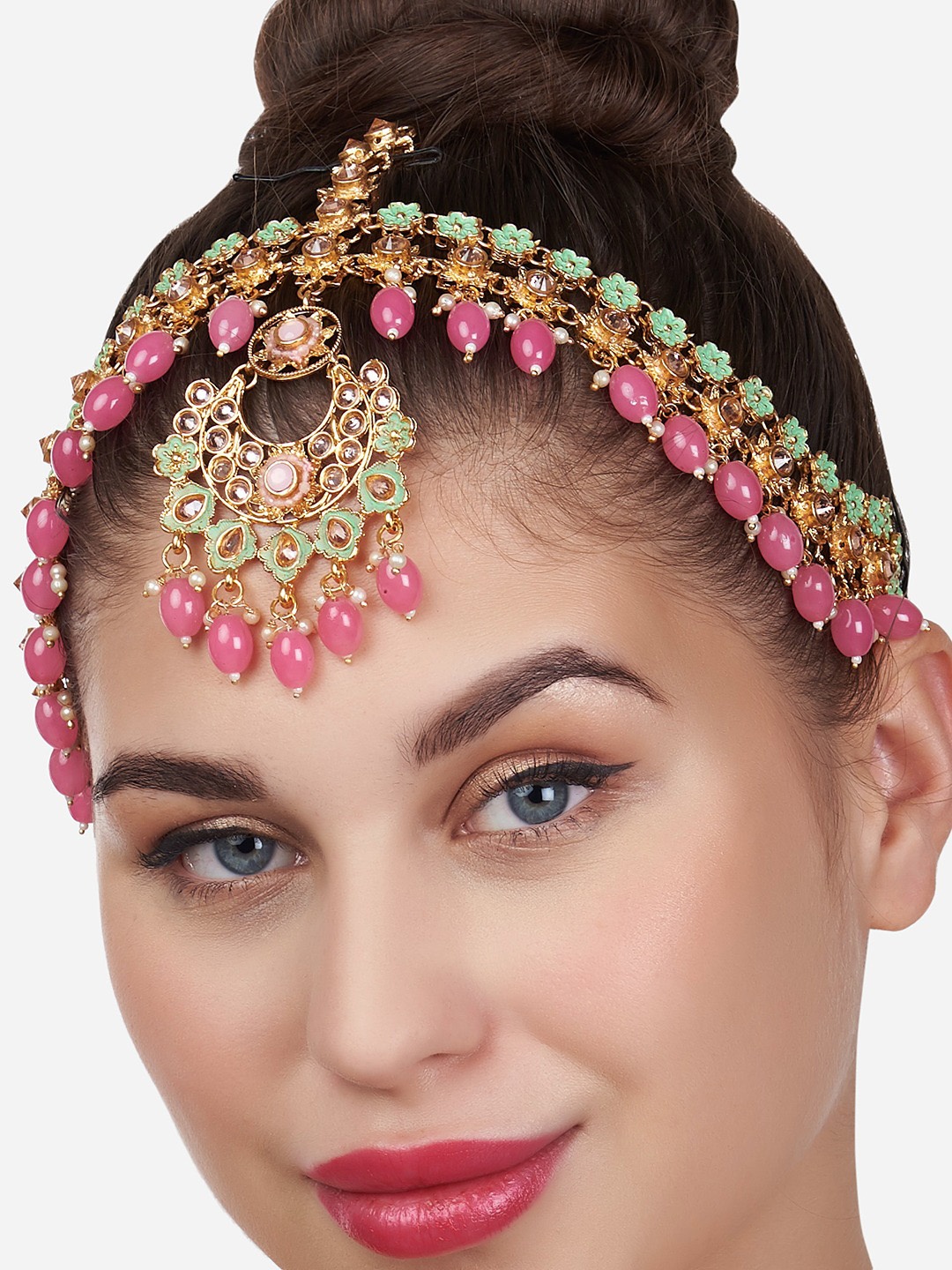 

Zaveri Pearls Gold-Plated Pink & Green Stone-Studded & Beaded Matha Patti