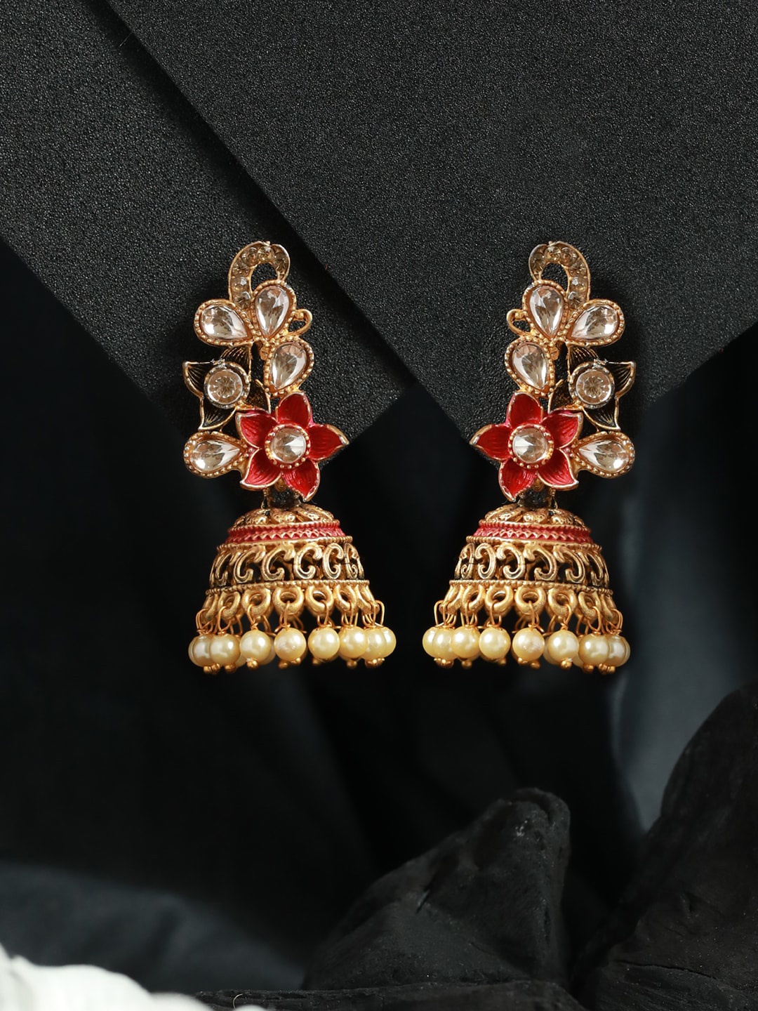 

Priyaasi Gold-Plated Red Dome Shaped Jhumkas Earrings