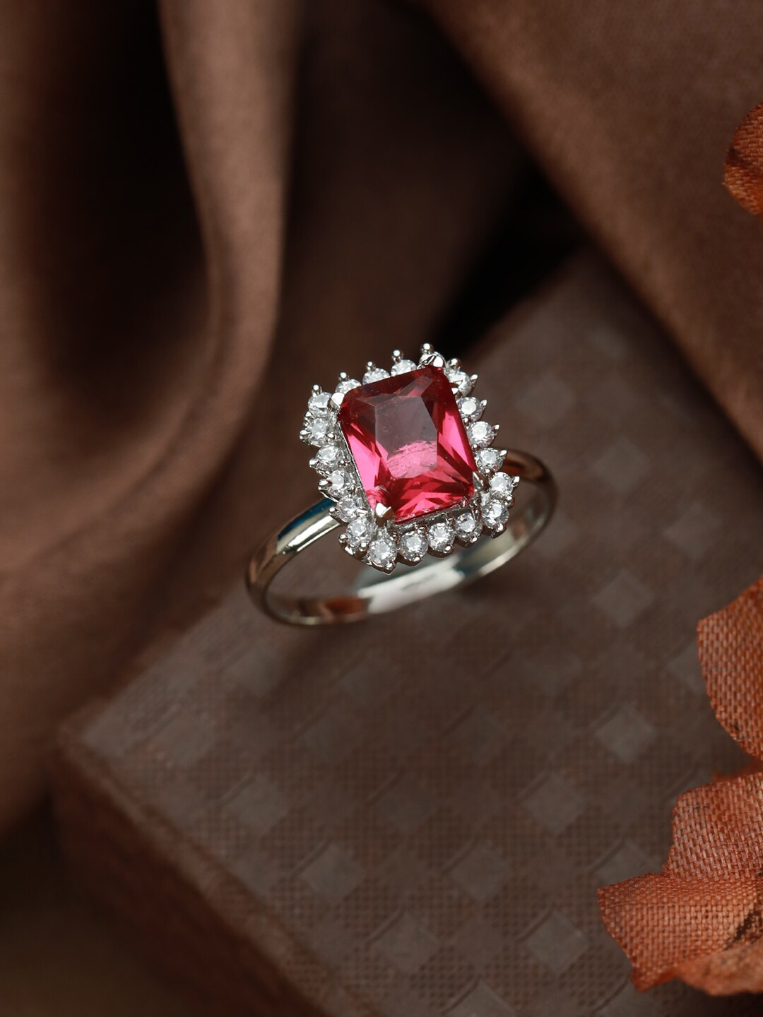 

Priyaasi Women Silver-Plated Dark Pink AD-Studded Adjustable Solitaire Finger Ring