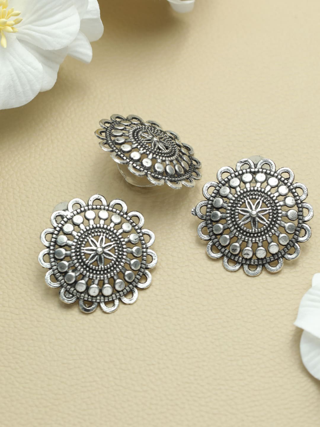 

Priyaasi Silver-Plated Oxidised Floral Studs Earrings