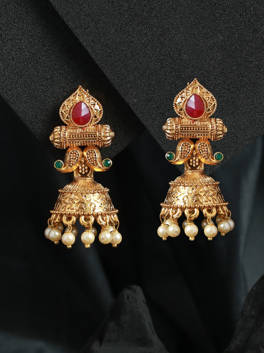 

Priyaasi Gold-Plated Red & Green Dome Shaped Jhumkas Earrings