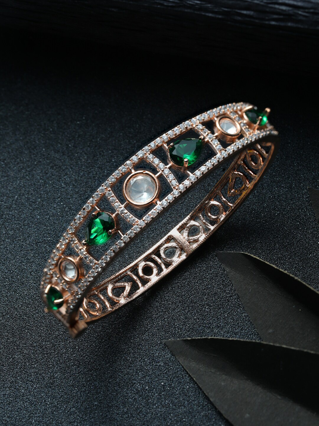 

Priyaasi Women Rose Gold & Green Brass American Diamond Rose Gold-Plated Bangle-Style Bracelet