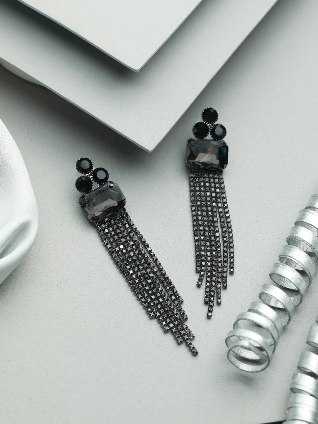 

Priyaasi Black Floral Block Tassele Drop Earrings