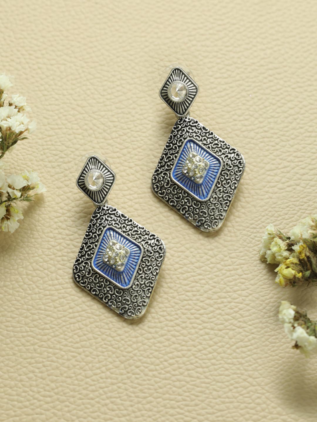 

Priyaasi Silver-Toned & Blue Contemporary Oxidised Drop Earrings