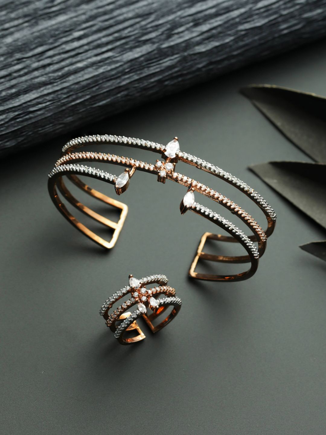 

Priyaasi Women Rose Gold & White Rose Gold-Plated Cuff Bracelet with Ring