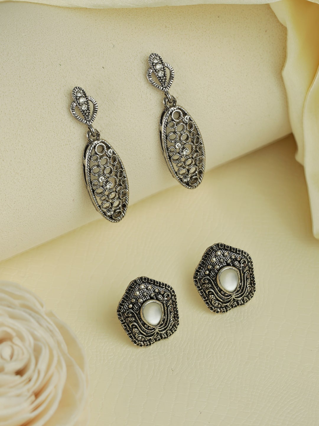 

Priyaasi Silver-Plated Set Of 2 Oxidised Contemporary Drop Earrings