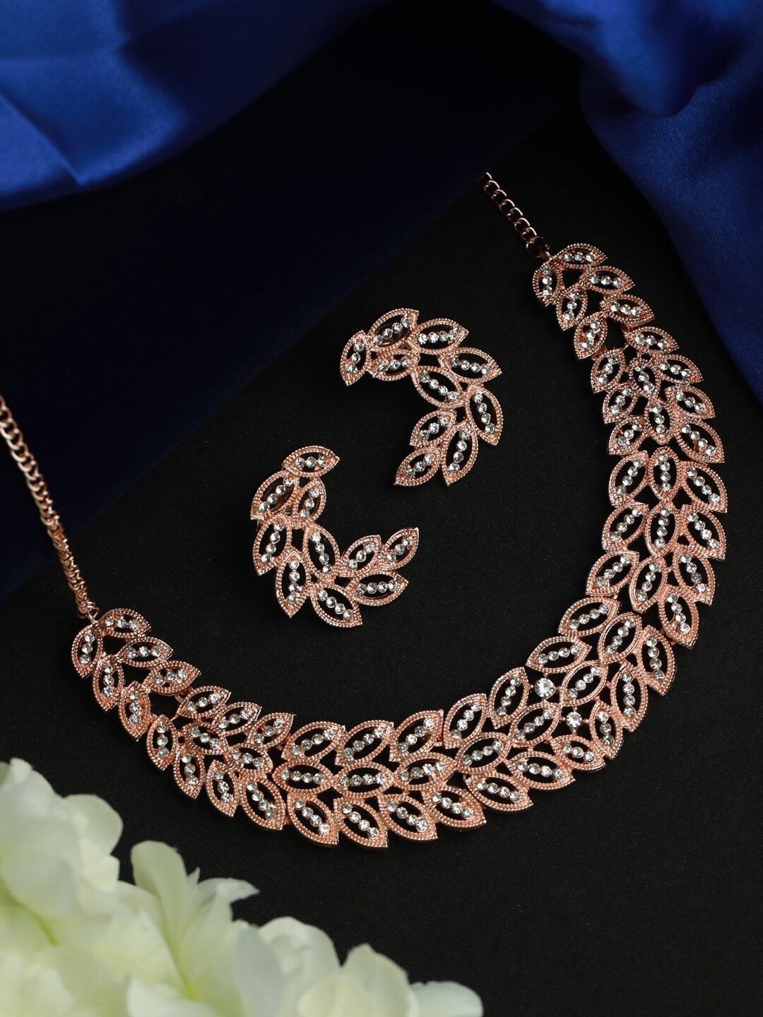 

Priyaasi Rose Gold-Plated AD-Studded Elegant Leaf Pattern Jewellery Set