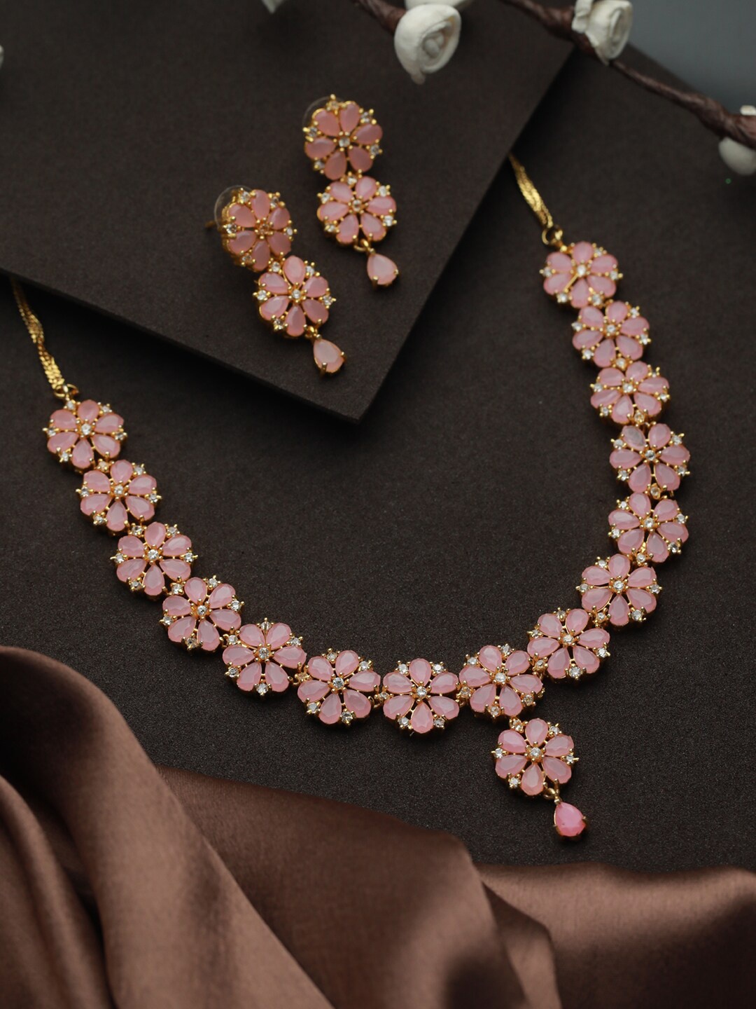 

Priyaasi Gold-Plated Pink AD-Studded Floral Jewellery Set