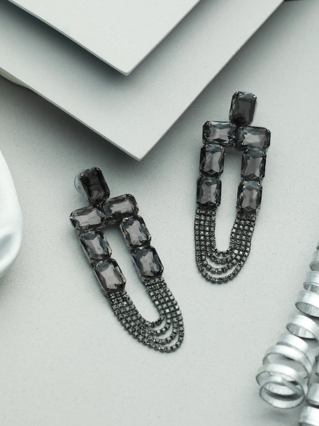 

Priyaasi Black Silver Plated Contemporary Drop Earrings