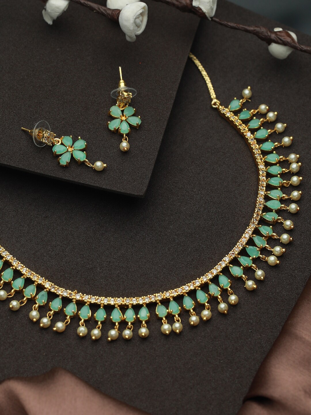 

Priyaasi Gold-Plated Mint Green Floral Leaf Jewellery Set
