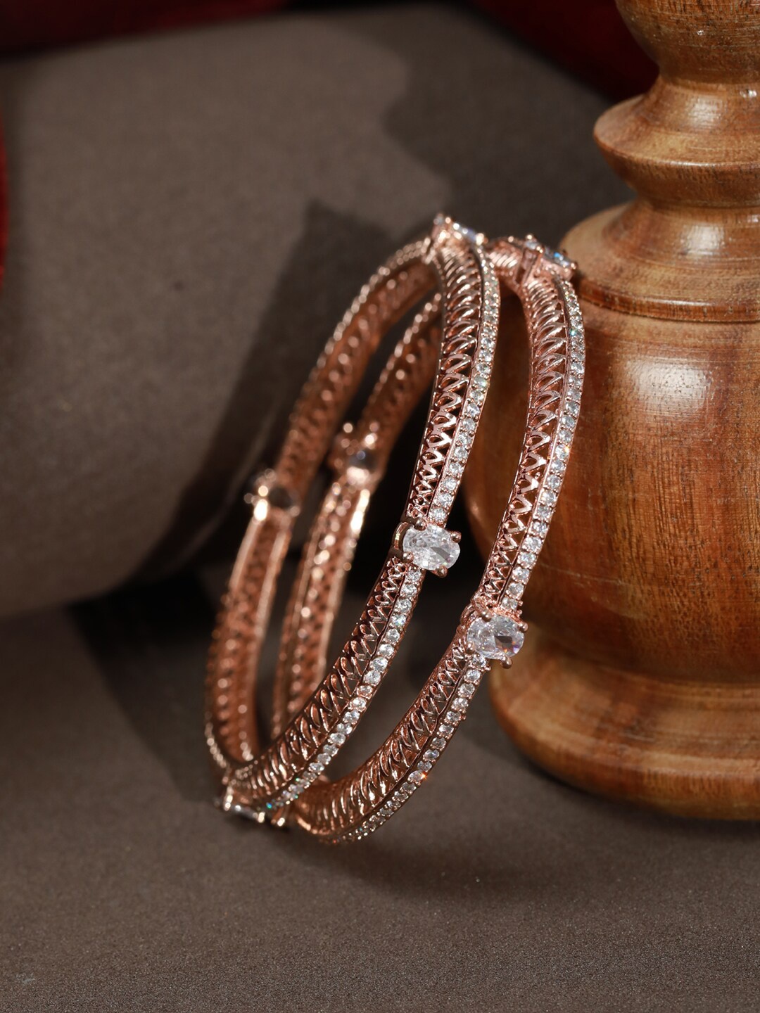 

Priyaasi Set Of 2 Rose Gold-Plated AD-Studded Solitaire Bangles