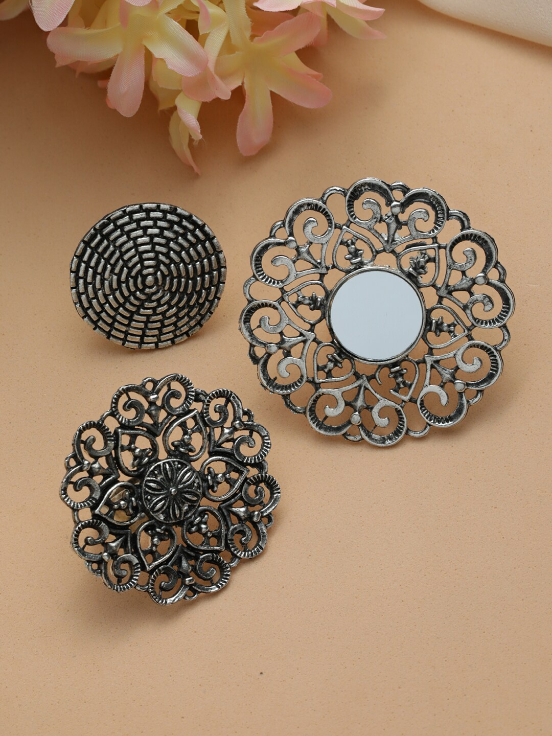 

Priyaasi Set Of 3 Oxidised Silver-Plated Blue Enamelled Finger Rings