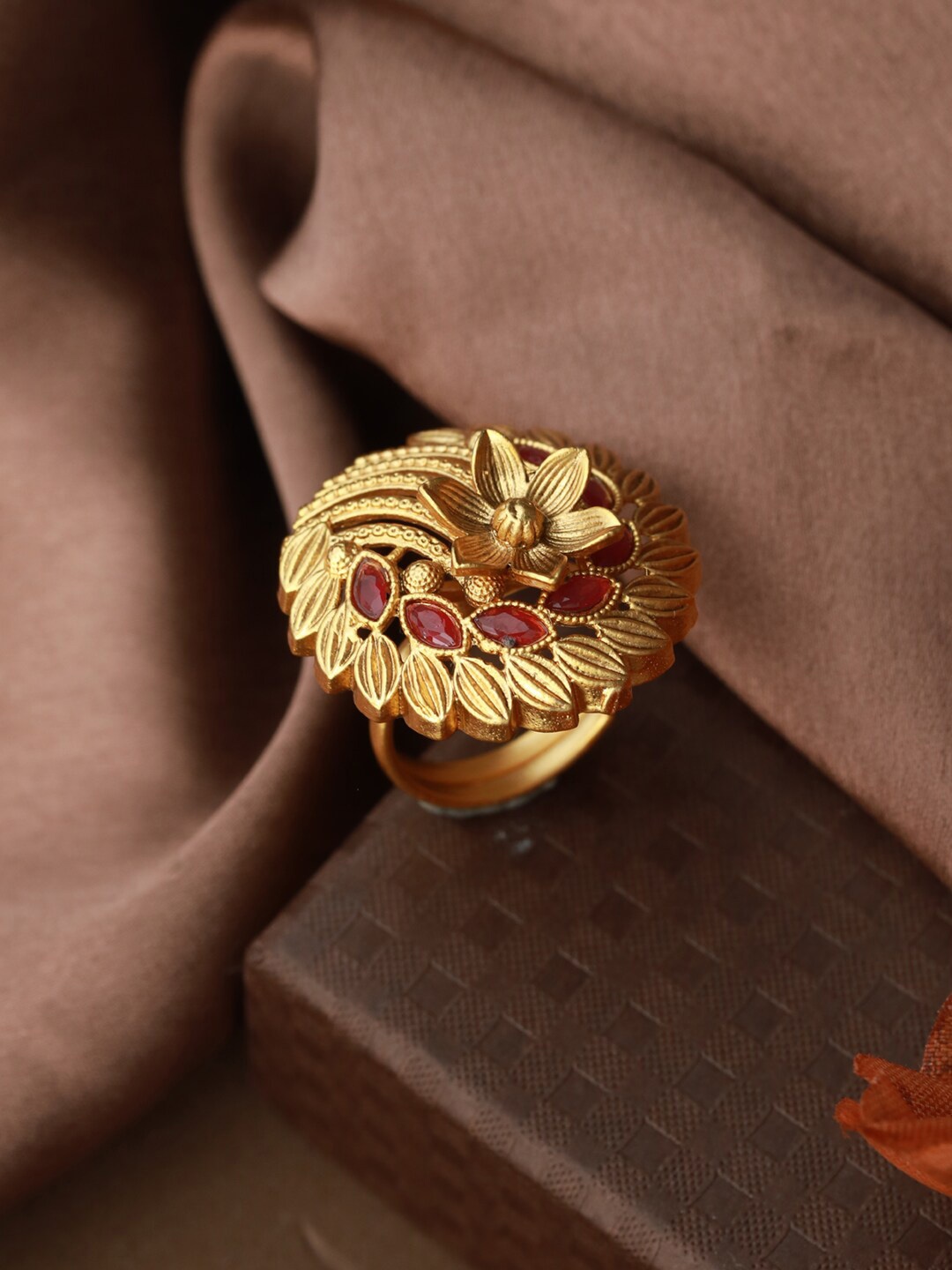 

Priyaasi Gold-Plated Red Stone Studded Adjustable Finger Ring