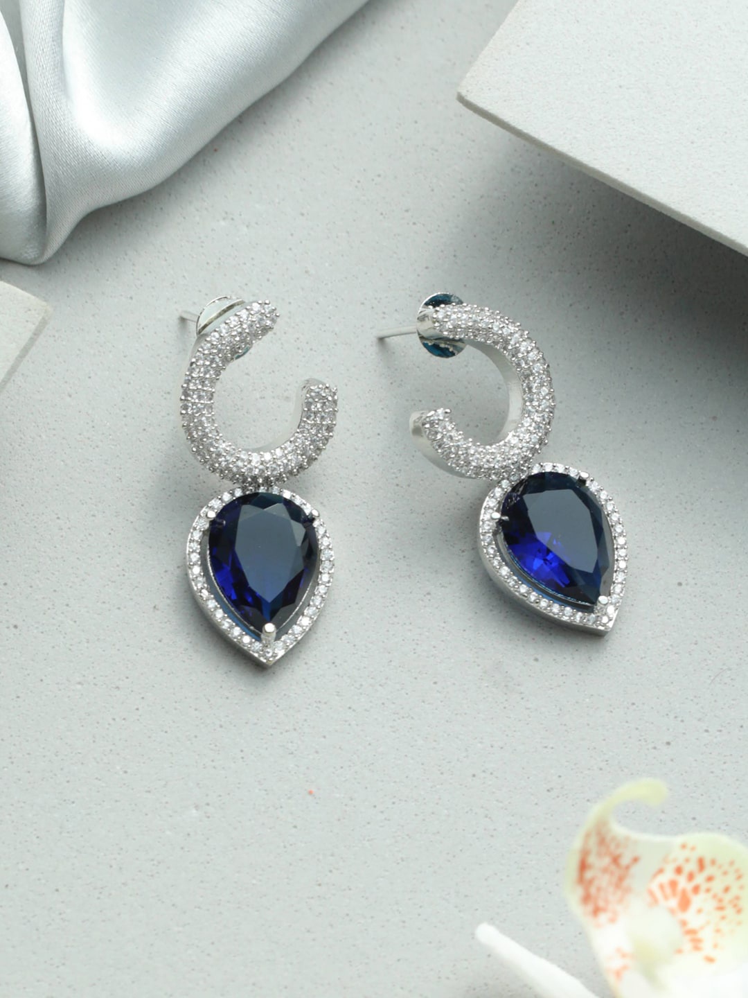 

Priyaasi Silver-Toned & Blue Teardrop Drop Earrings