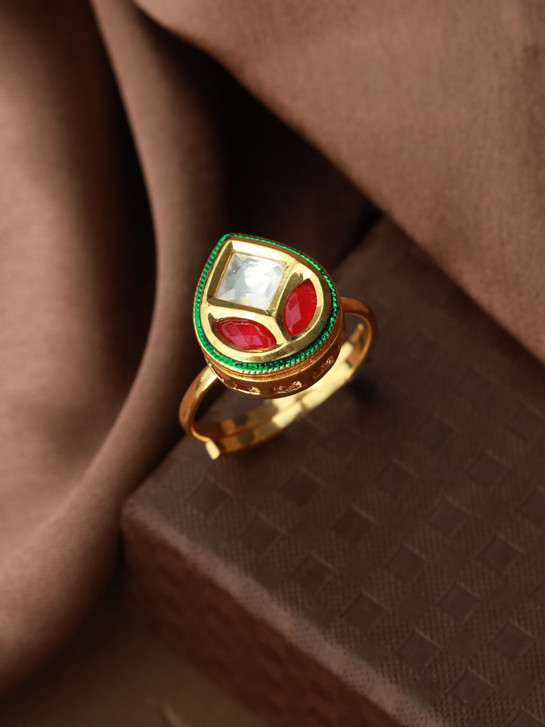 

Priyaasi Women Gold Plated Red & White Kundan Studded Flower Bud Ring