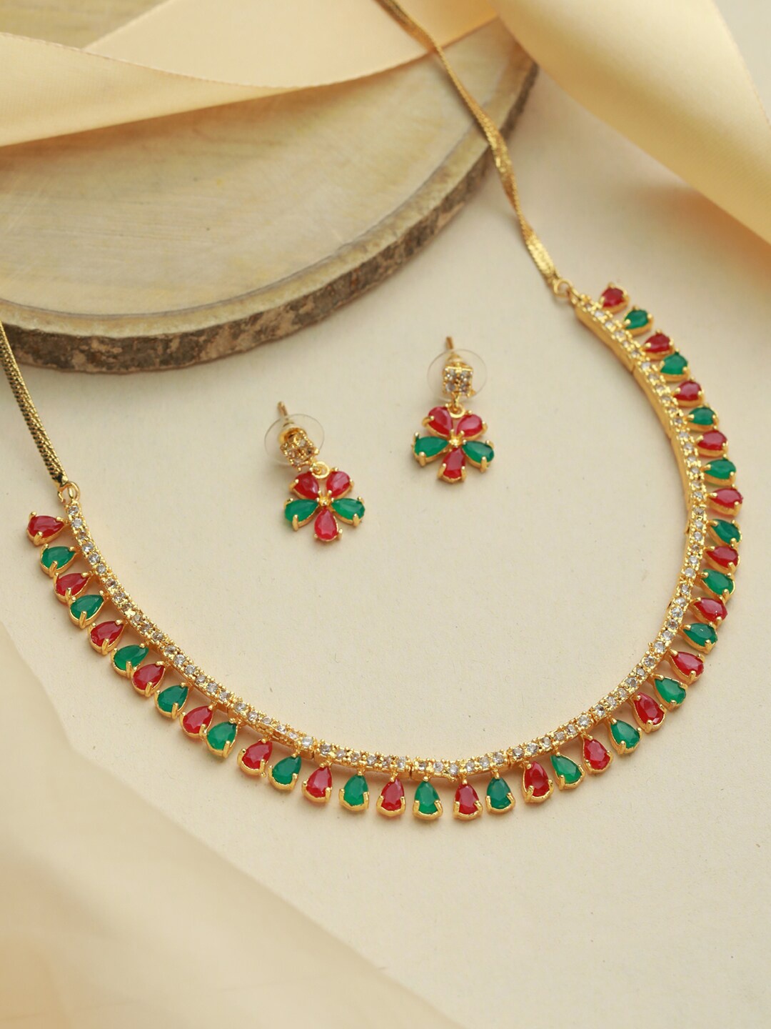 

Priyaasi Gold-Plated Pink & Green Stone-Studded Jewellery Set