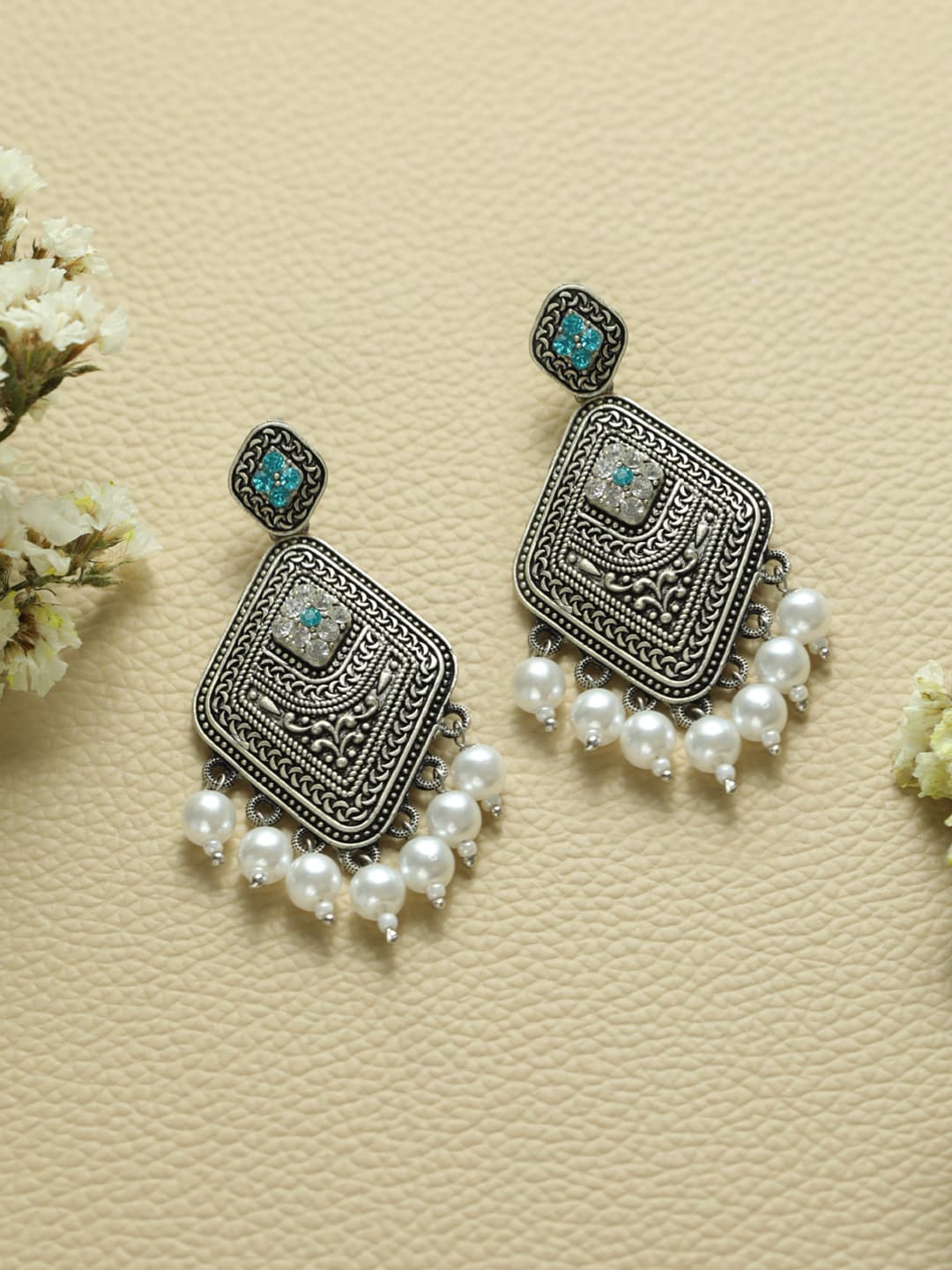 

Priyaasi Silver-Toned & Blue Contemporary Oxidised Drop Earrings