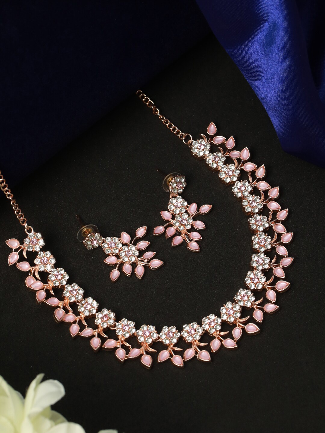 

Priyaasi Rose Gold-Plated Pink & White AD-Studded Jewellery Set