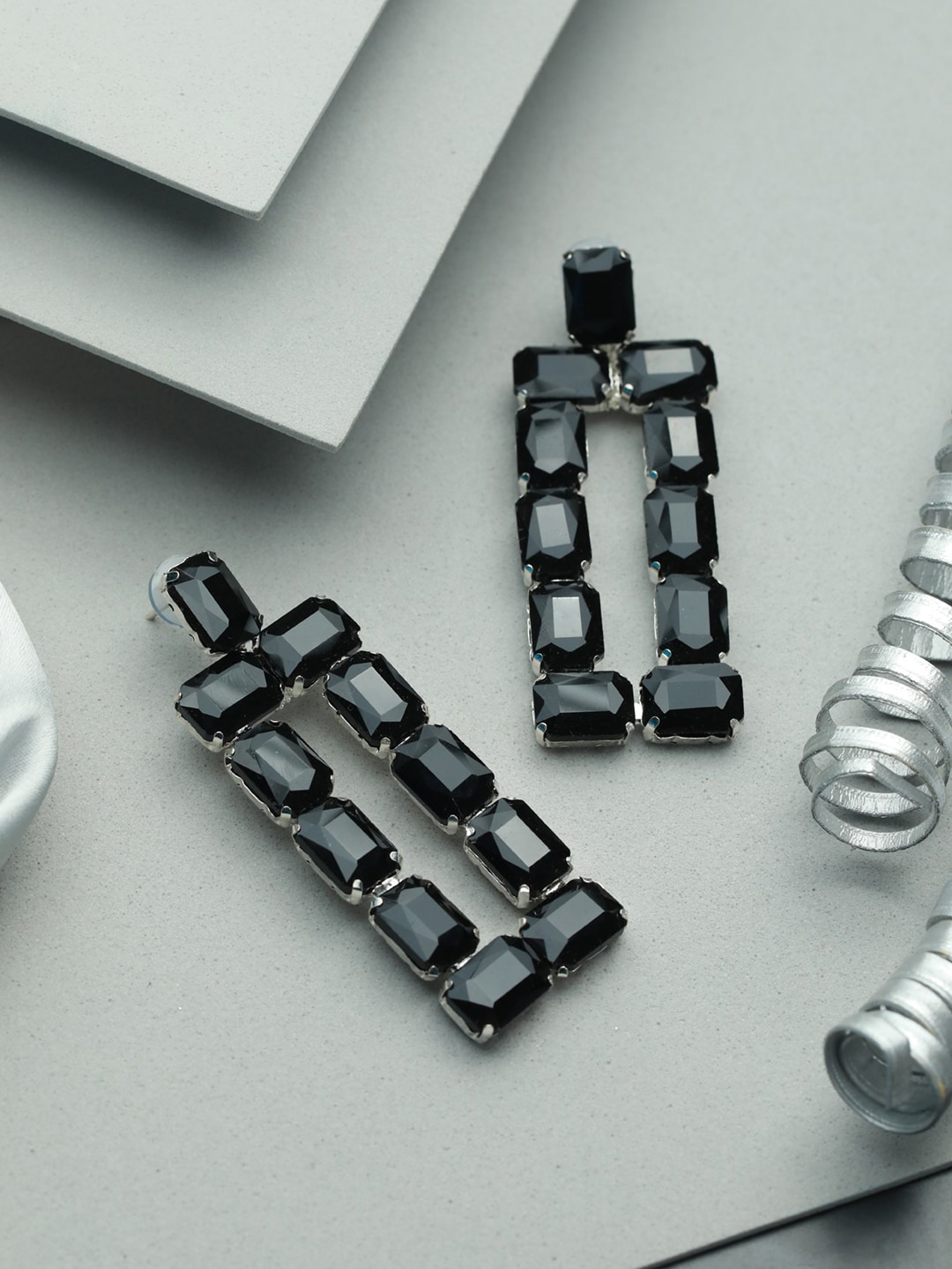 

Priyaasi Black & Silver Plated Contemporary Drop Earrings