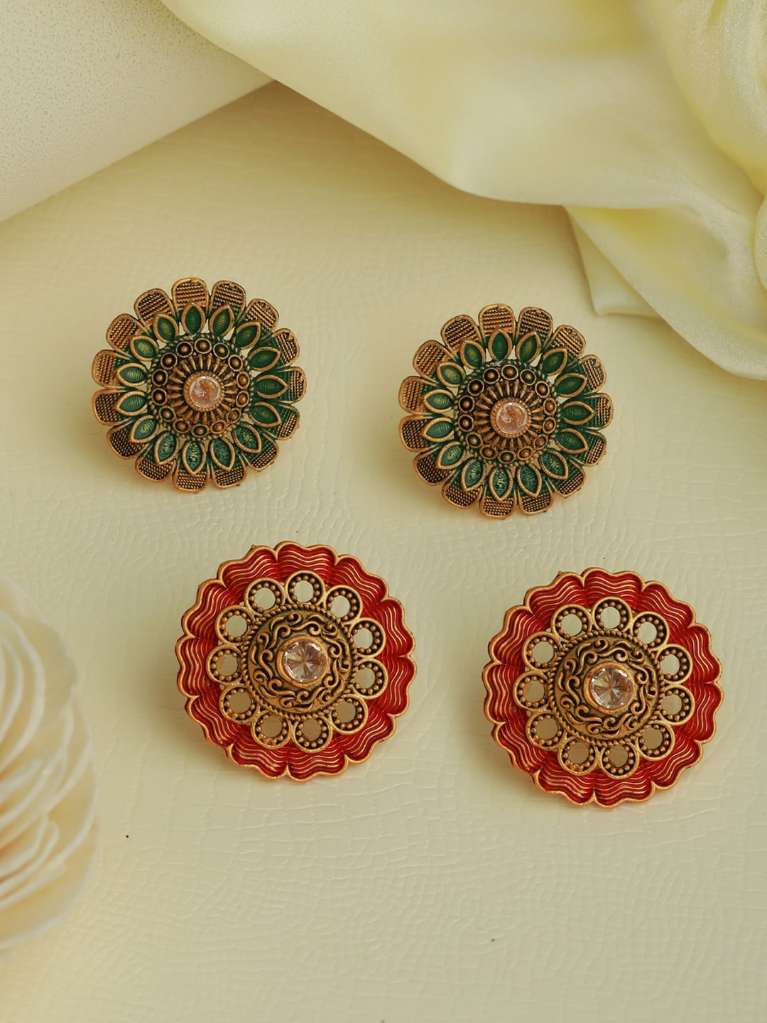 

Priyaasi Green & Red Gold Plated Pack Of 2 Floral Studs Earrings