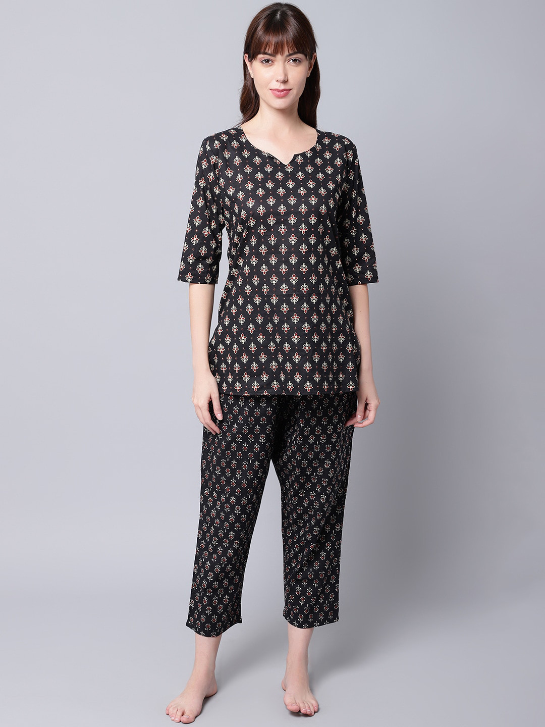 

TAG 7 Women Black & Beige Printed Cotton Night suit