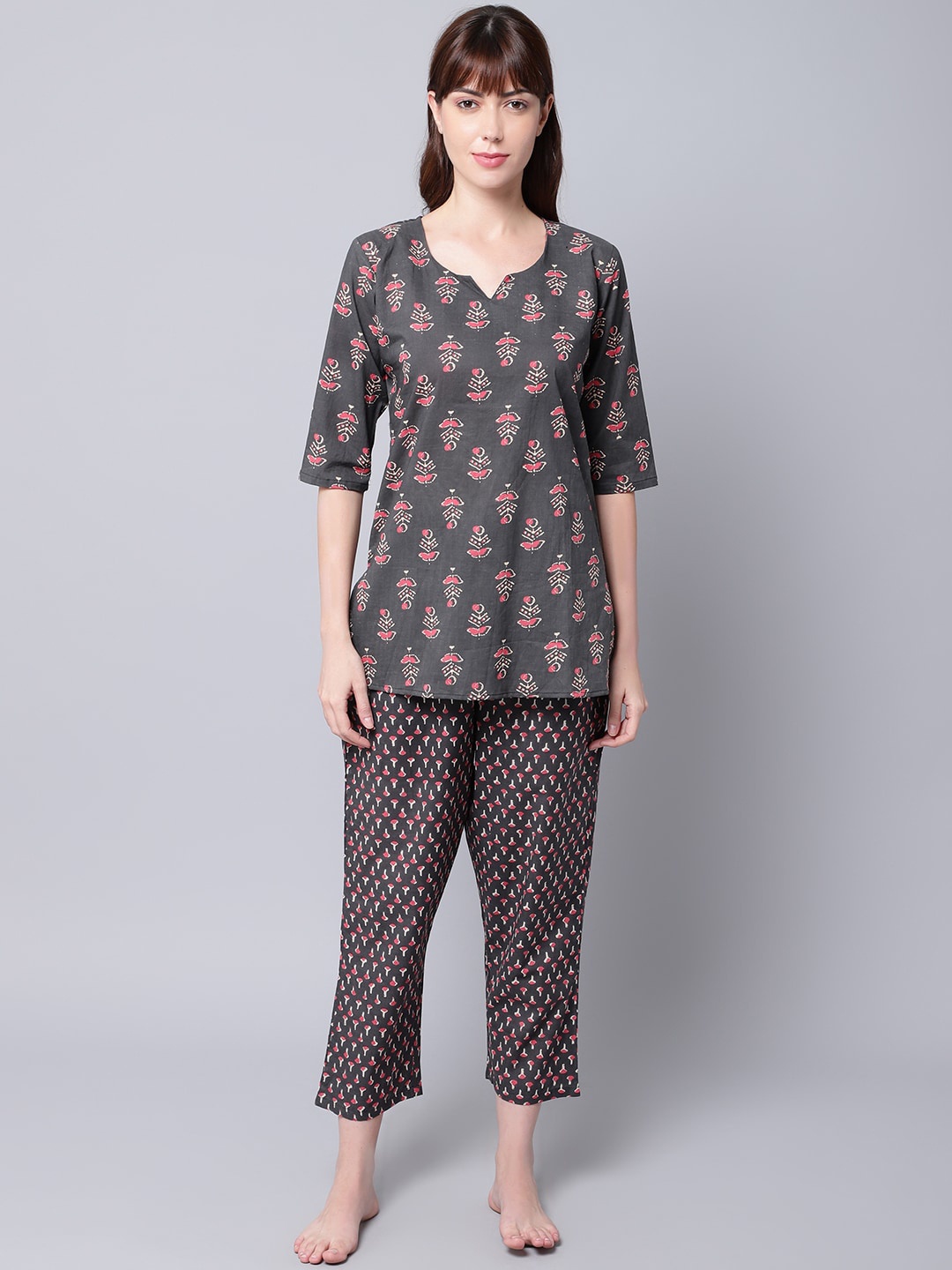 

TAG 7 Women Grey & Pink Printed Cotton Night suit