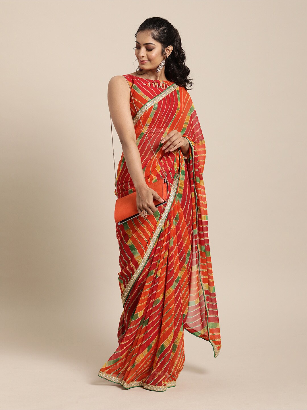 

SHAVYA Red & Yellow Leheriya Pure Georgette Leheriya Saree