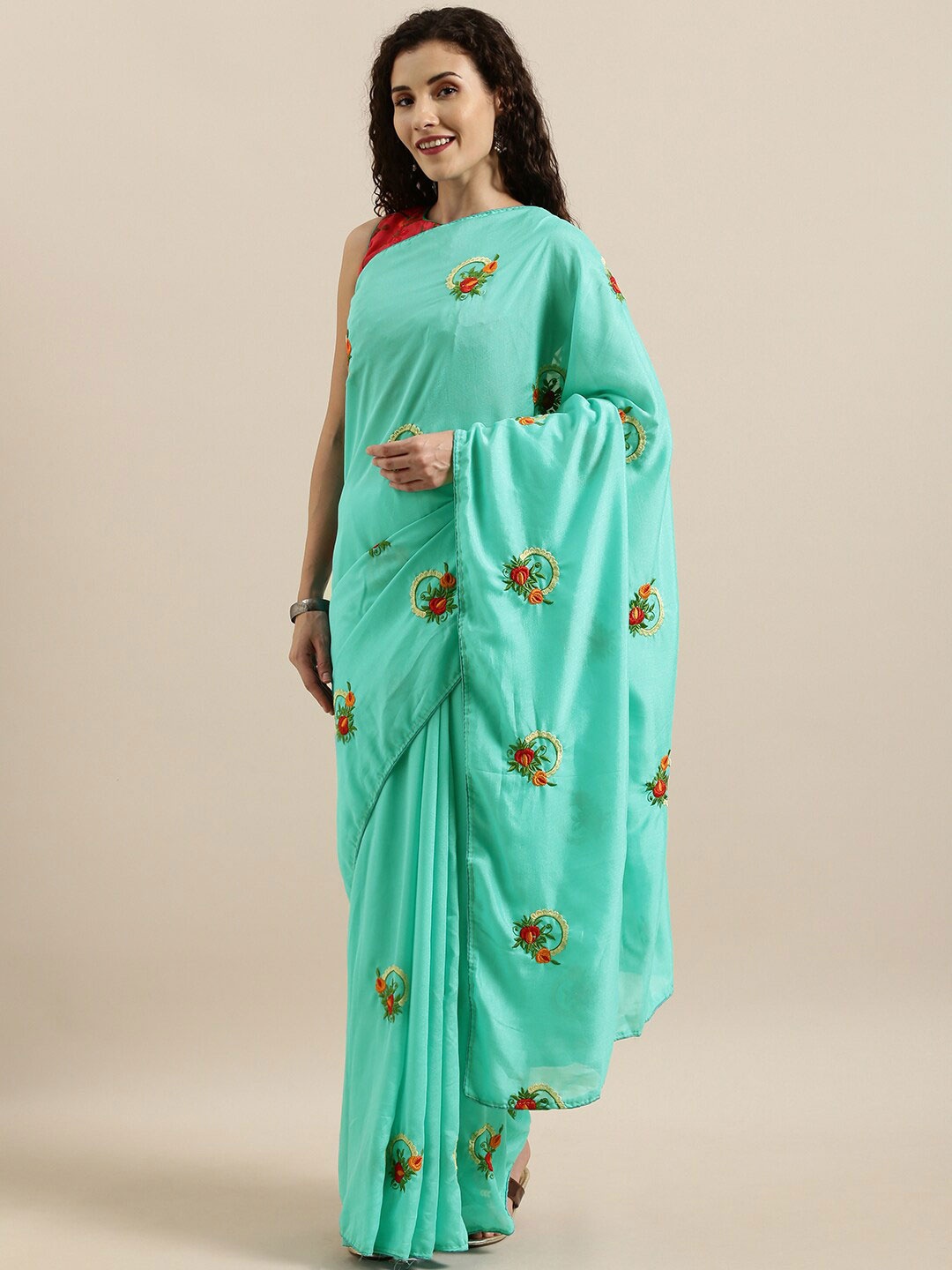 

SHAVYA Sea Green & Red Floral Embroidered Silk Blend Saree