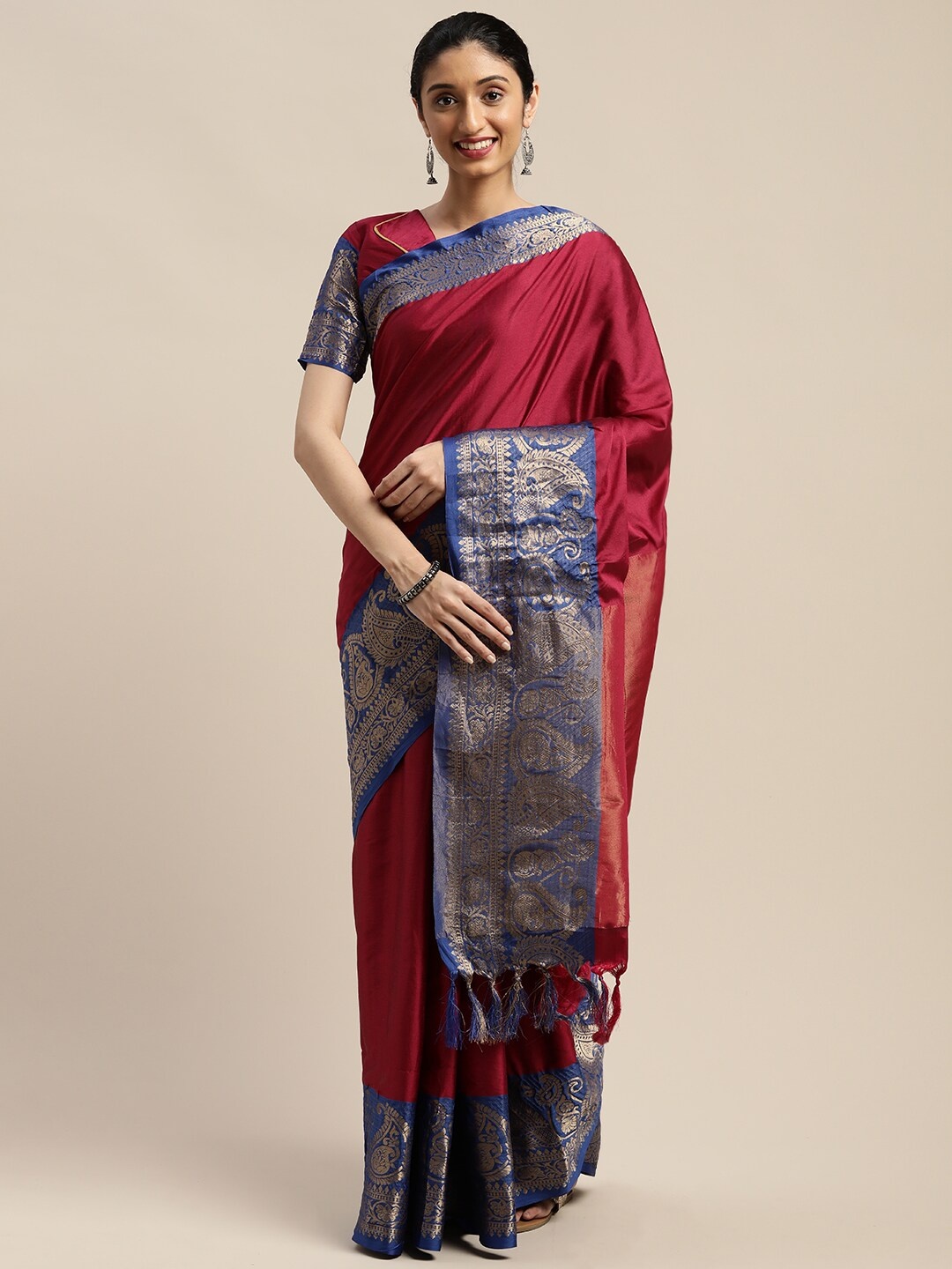 

SHAVYA Burgundy & Silver Woven Design Zari Art Silk Saree
