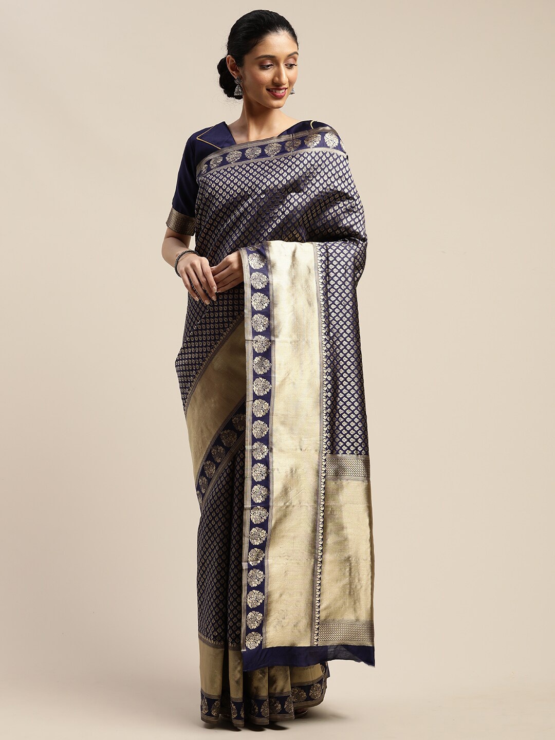 

SHAVYA Blue & Golden Woven Design Zari Silk Blend Banarasi Saree