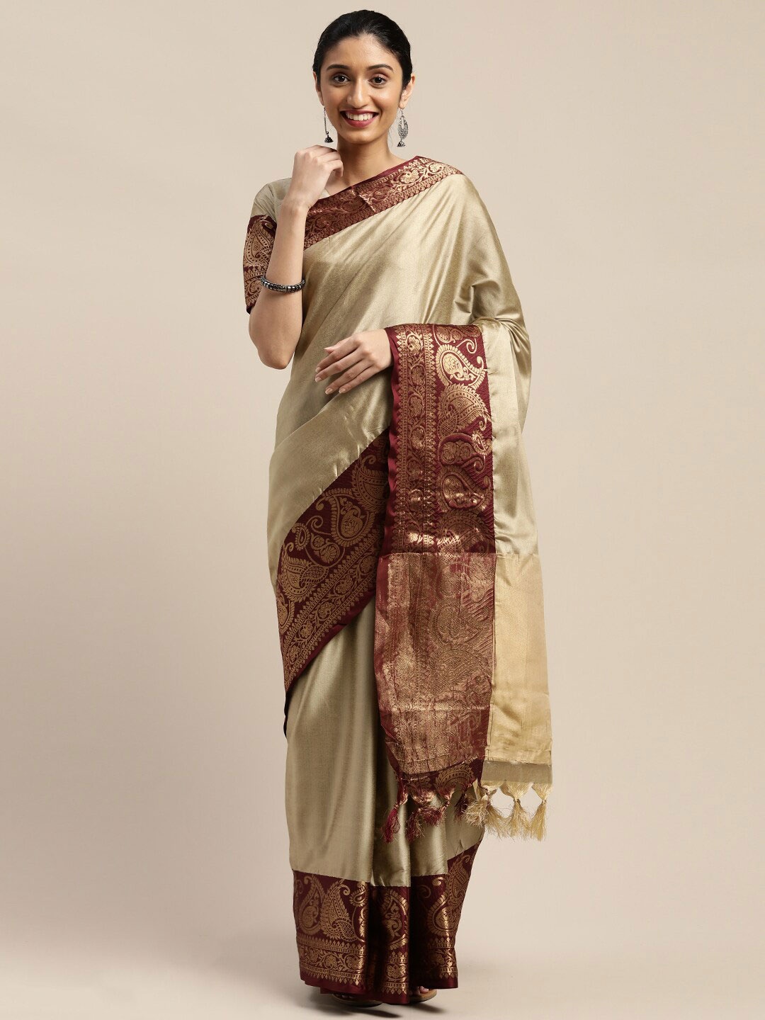 

SHAVYA Beige & Gold-Toned Woven Design Zari Art Silk Saree