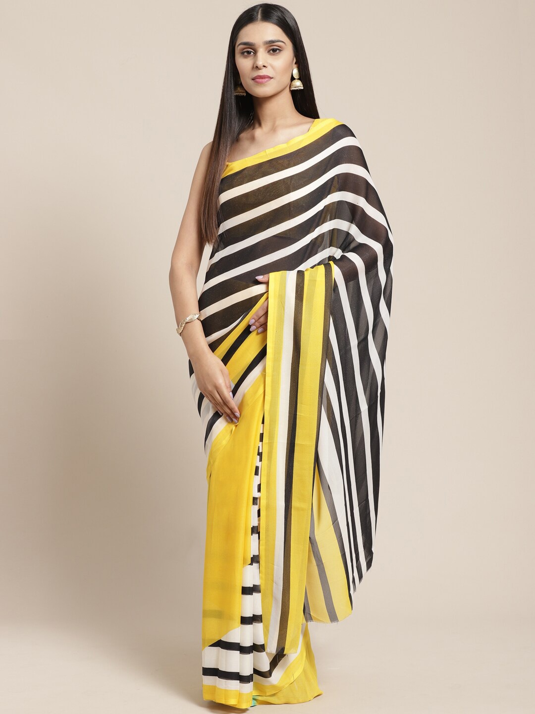 

SHAVYA Yellow & Black Striped Pure Georgette Saree